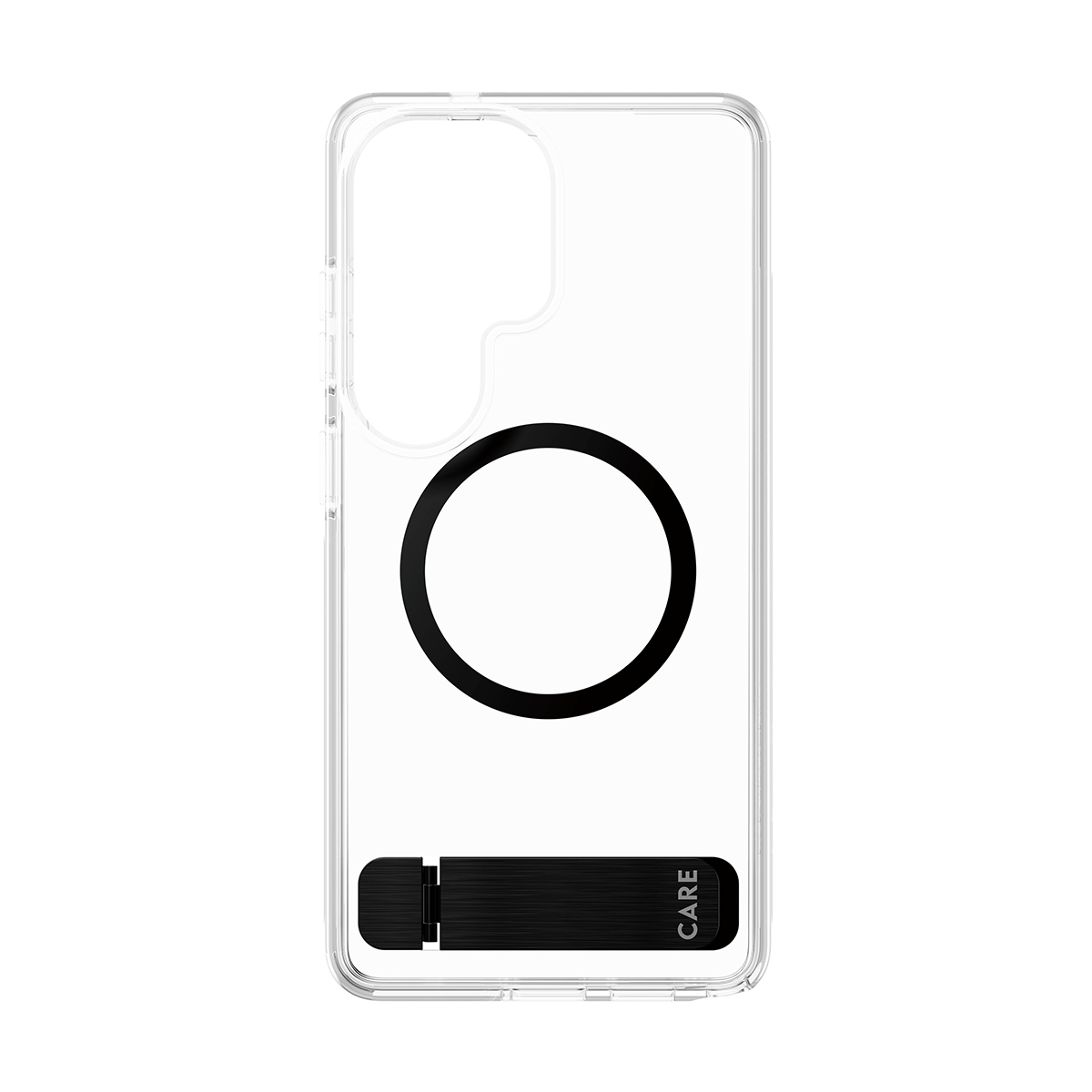 Siyah halkalı ve stantlı şeffaf telefon kılıfı.
