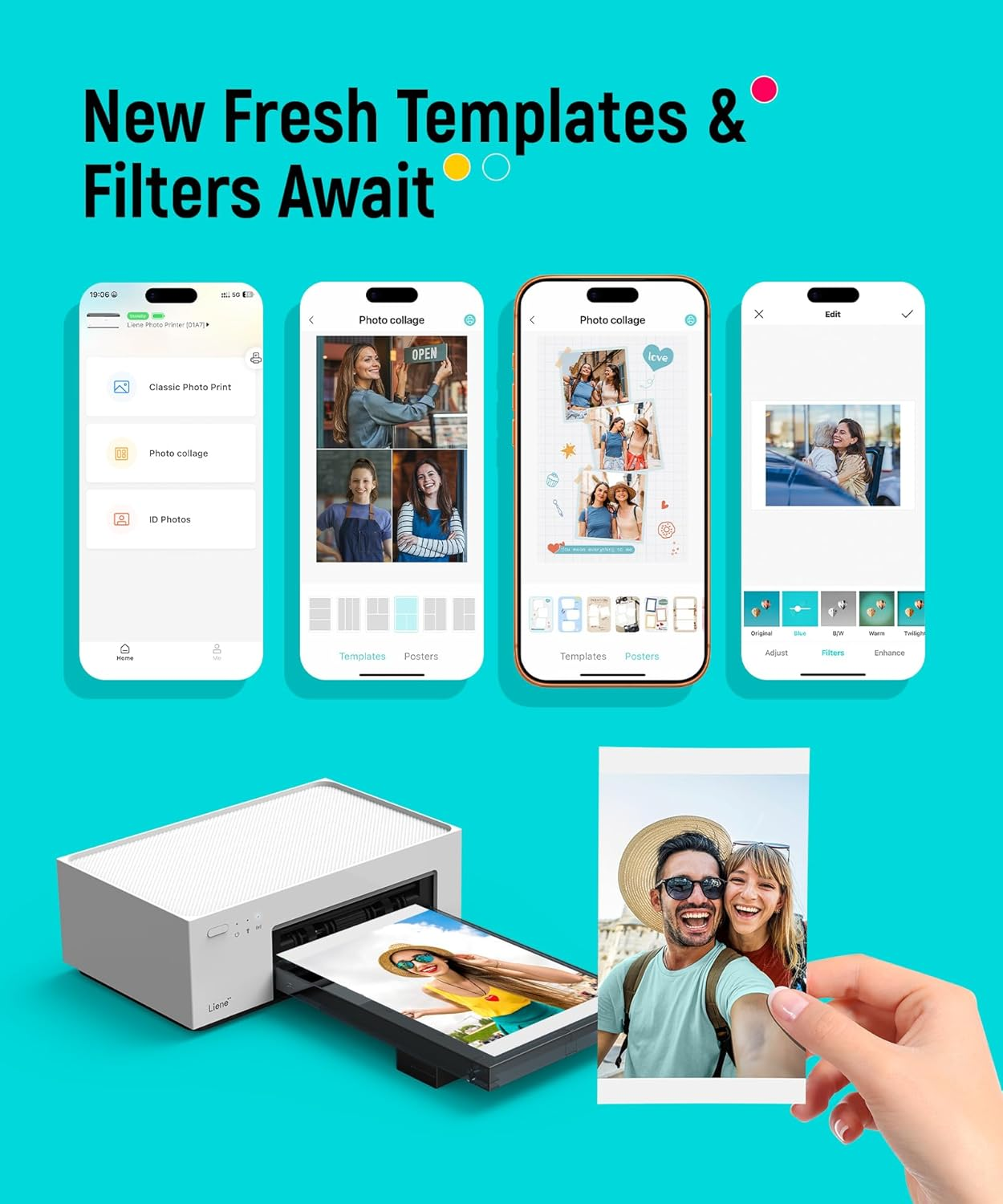 Phones display photo editing apps. A printer outputs a photo of a woman.