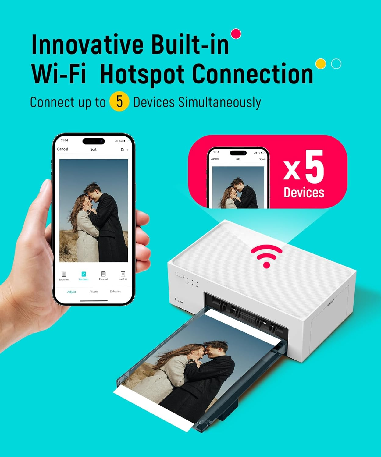 Un telefono mostra una coppia; una stampante stampa la stessa foto. Simbolo Wi-Fi.