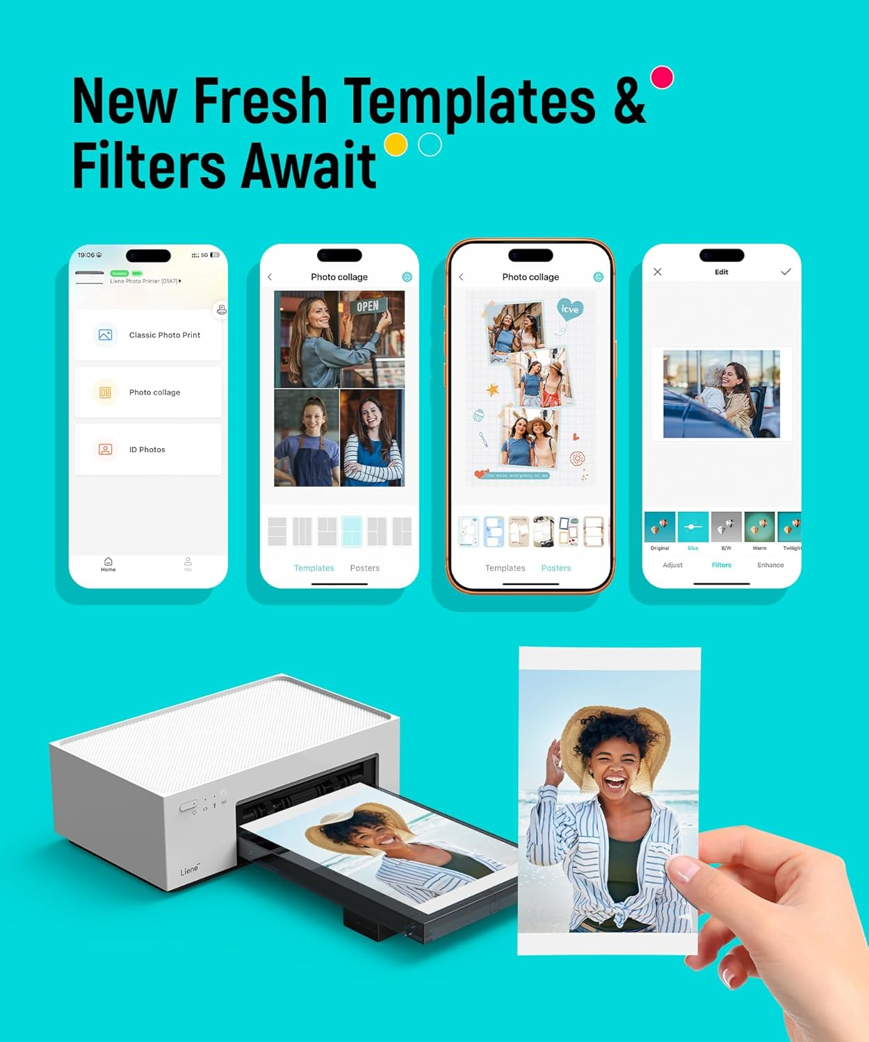 Een printer print een foto van een lachende vrouw. Meerdere telefoonschermen tonen apps.