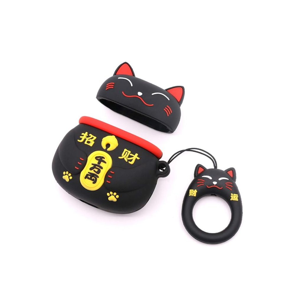 Çin karakterleri ve pati izleri olan siyah, kedi temalı AirPod kılıfı takısı.