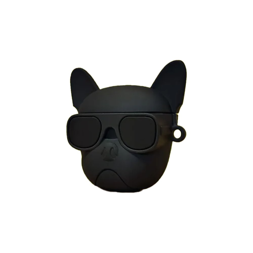 Güneş gözlüklü Fransız bulldog kafası şeklinde siyah bir AirPods kılıfı.