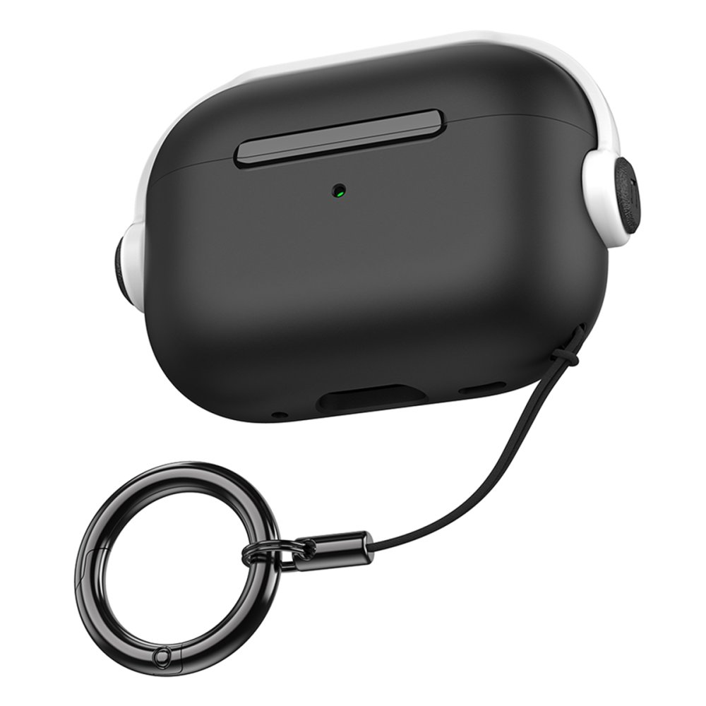 Beyaz süslemeli ve anahtarlık halkalı siyah AirPods kılıfı.