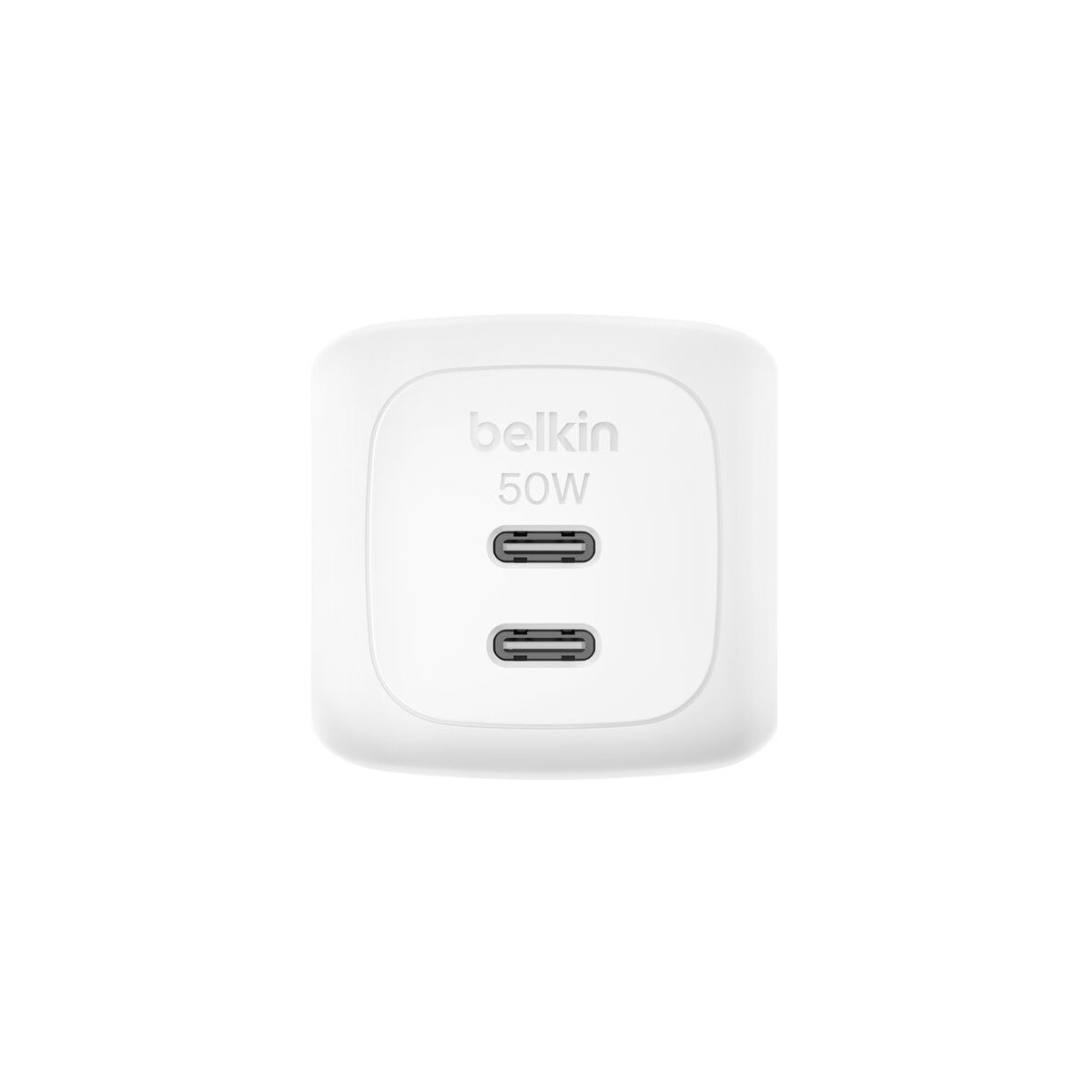 Chargeur Belkin blanc 50W USB-C avec deux ports.
