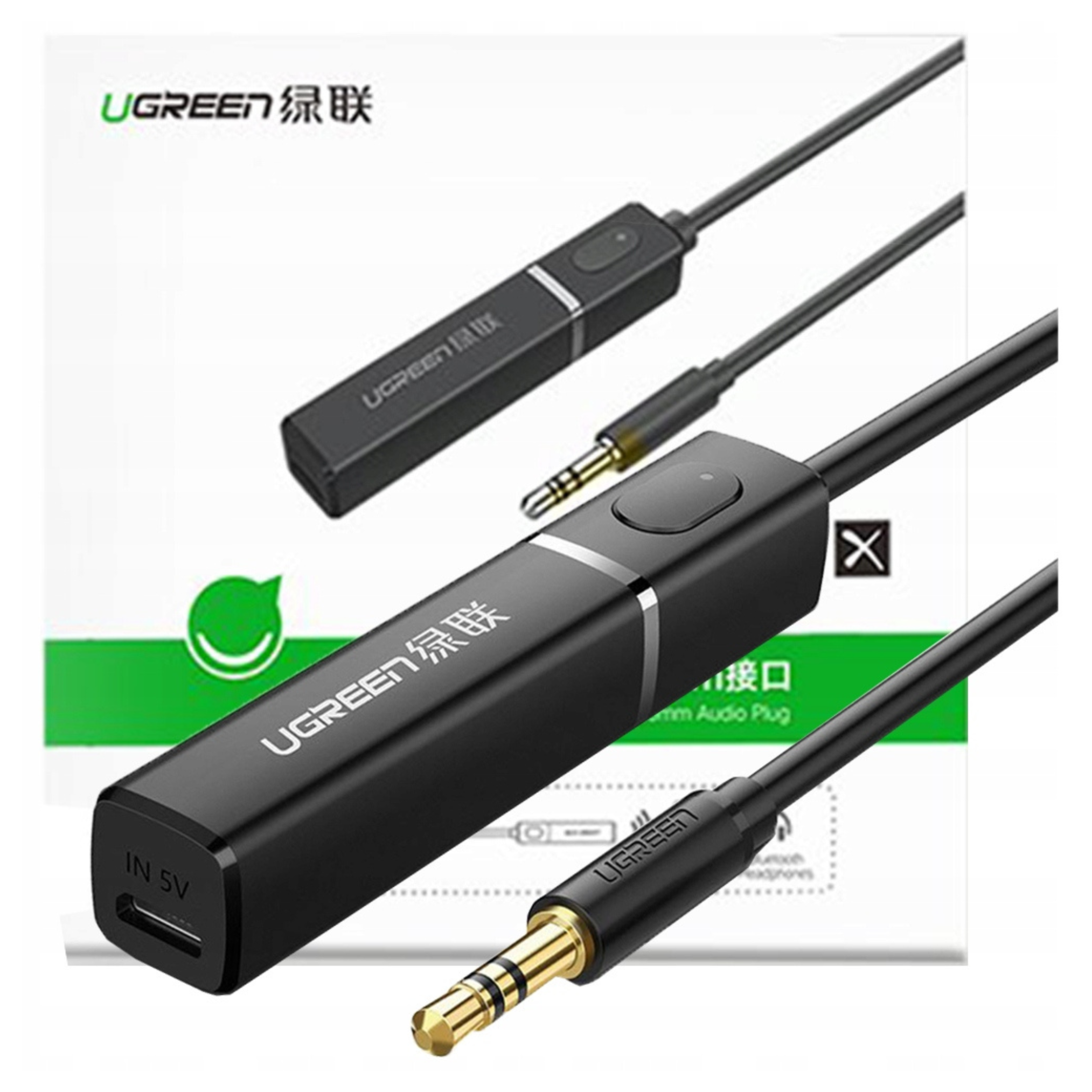 Czarny adapter audio UGREEN z wtykiem 3,5 mm i portem USB-C.