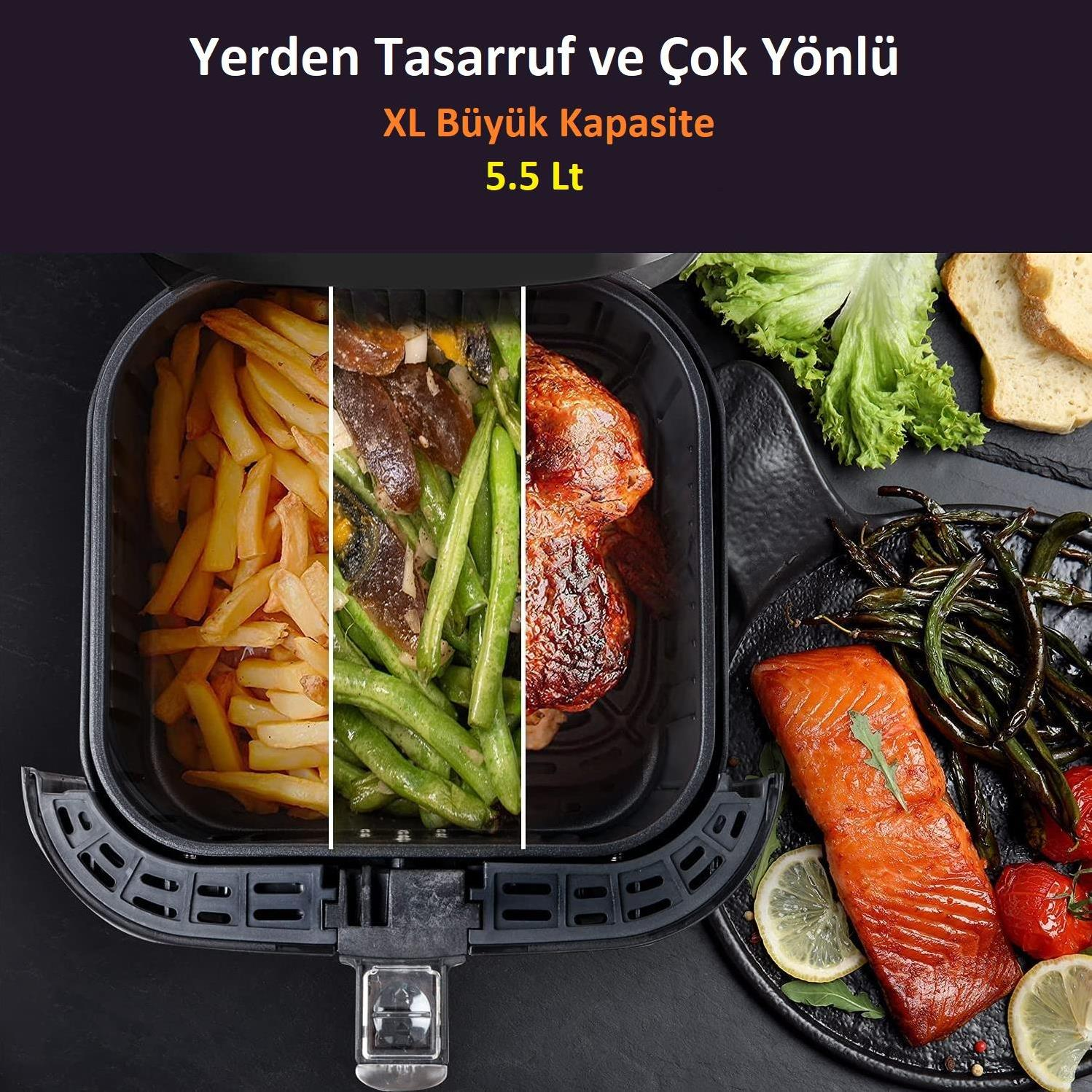 Airfryer patates kızartması, sebze ve tavuk gösteriyor. Yanında somon, fasulye ve ekmek.