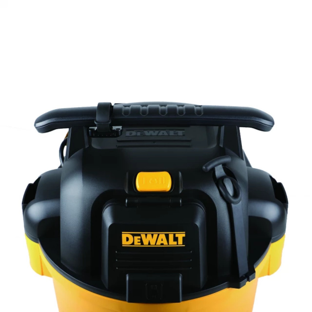 Aspiradora de líquidos y sólidos Dewalt amarilla y negra con asa y botón amarillo.
