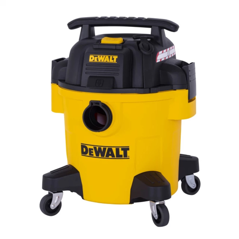 Una aspiradora para líquidos y sólidos amarilla y negra DeWalt con ruedas.