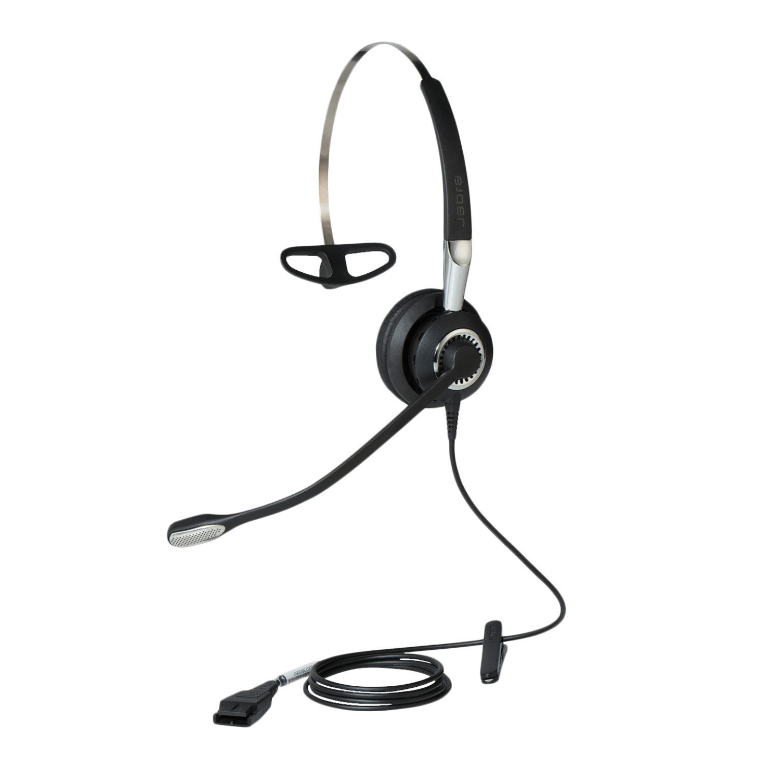 Un auricolare Jabra nero con microfono e cavo su sfondo bianco.