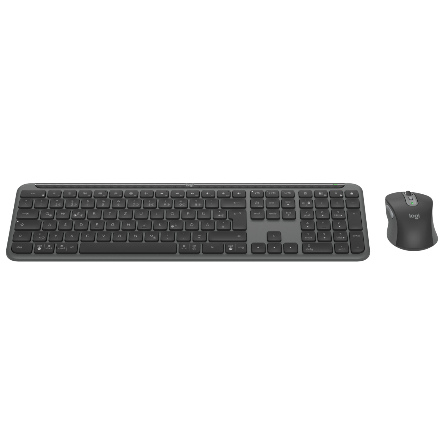 Ein dunkler kabelloser Logitech Keyboard und eine Maus auf weißem Hintergrund.