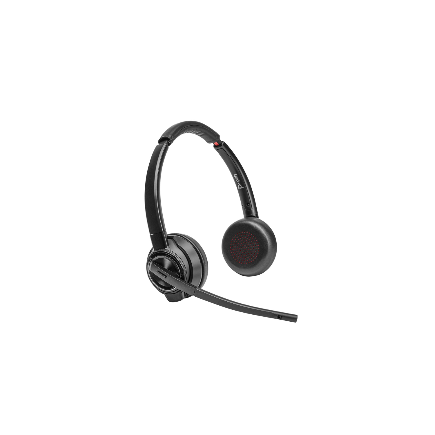 Un auricolare nero con microfono e accento rosso su sfondo bianco.