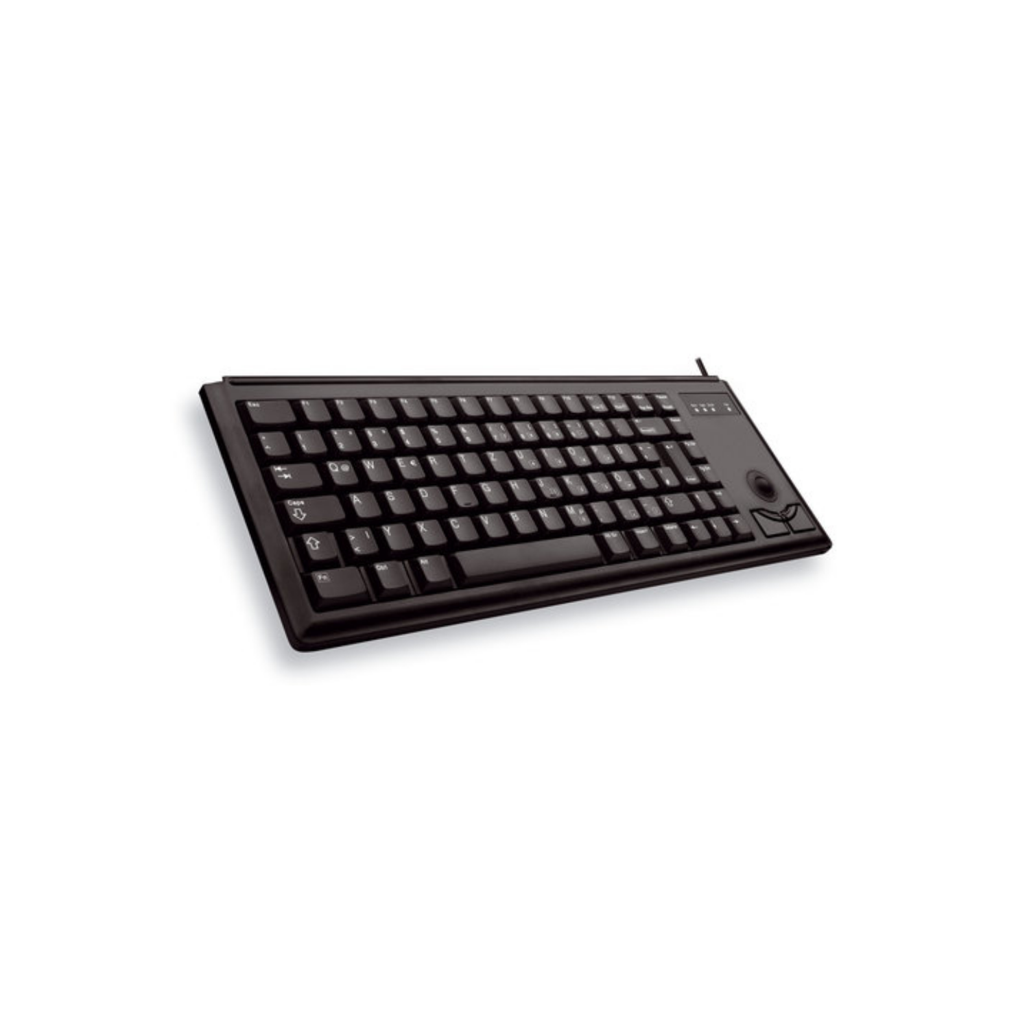 Black keyboard with integrated trackball, on a white background.