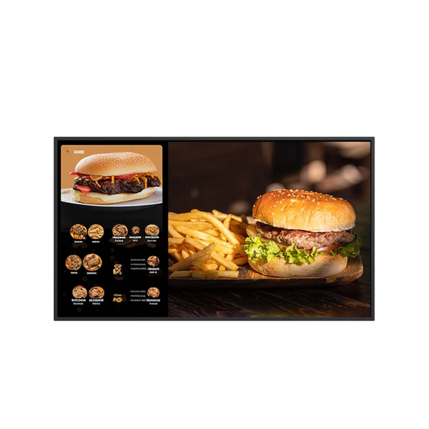 Burger z frytkami na drewnianym talerzu, po lewej tablica z menu burgerów.