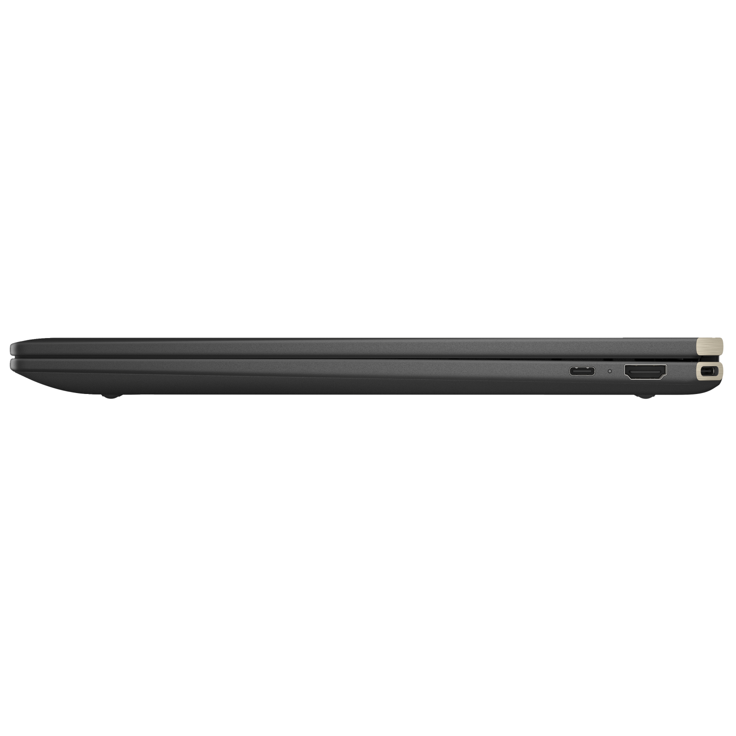 Zamknięty szary laptop z portami: USB-C, HDMI, zasilacz.