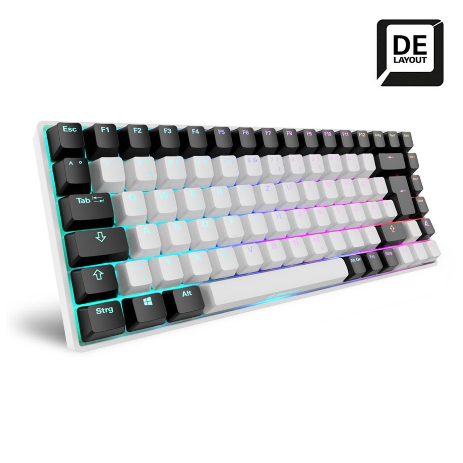 Un teclado blanco con iluminación RGB y pegatina de diseño DE.