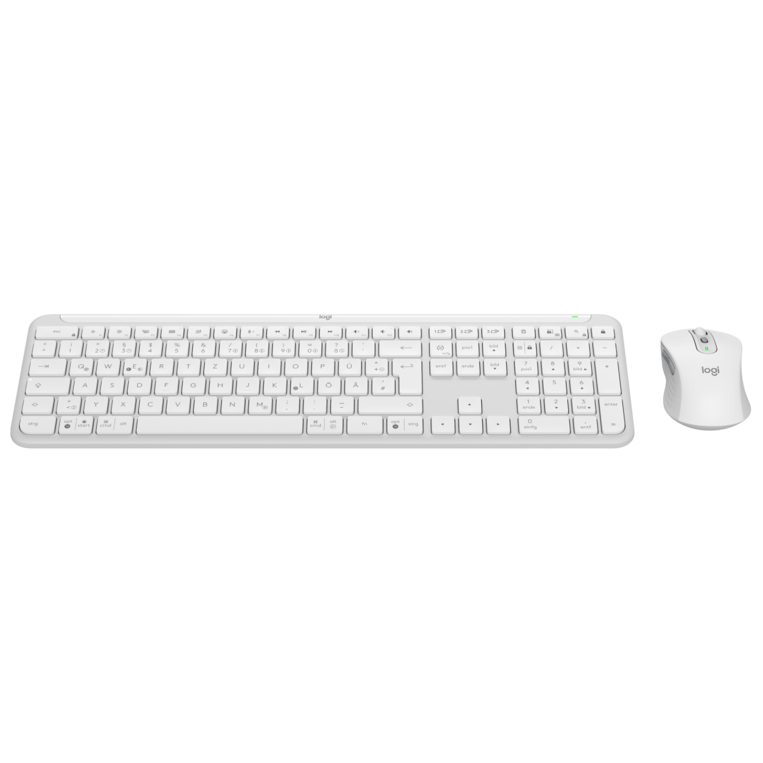 Una tastiera e un mouse Logitech bianchi sono posizionati uno accanto all'altro.