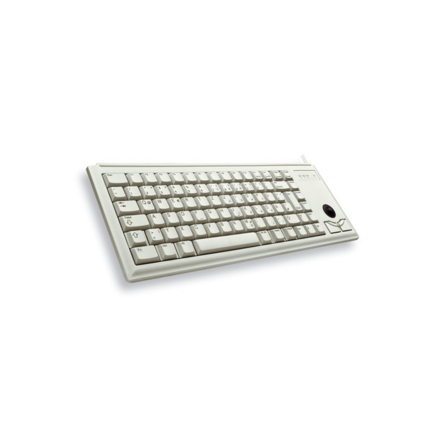 Una tastiera beige chiaro con trackball nero e tasti bianchi poggia su sfondo bianco.