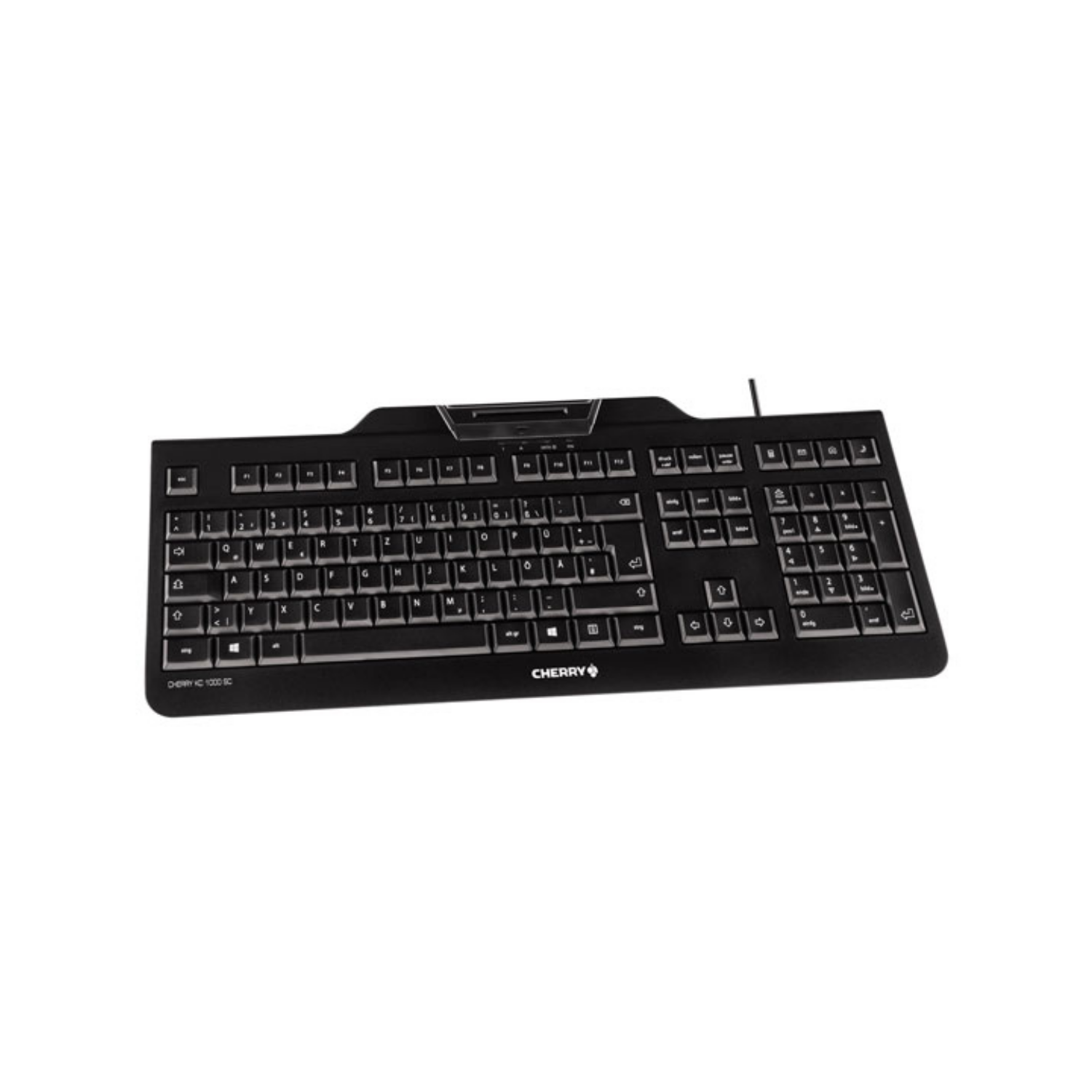Schwarze CHERRY KC 1000 SC Tastatur mit Nummernblock und Kabel.