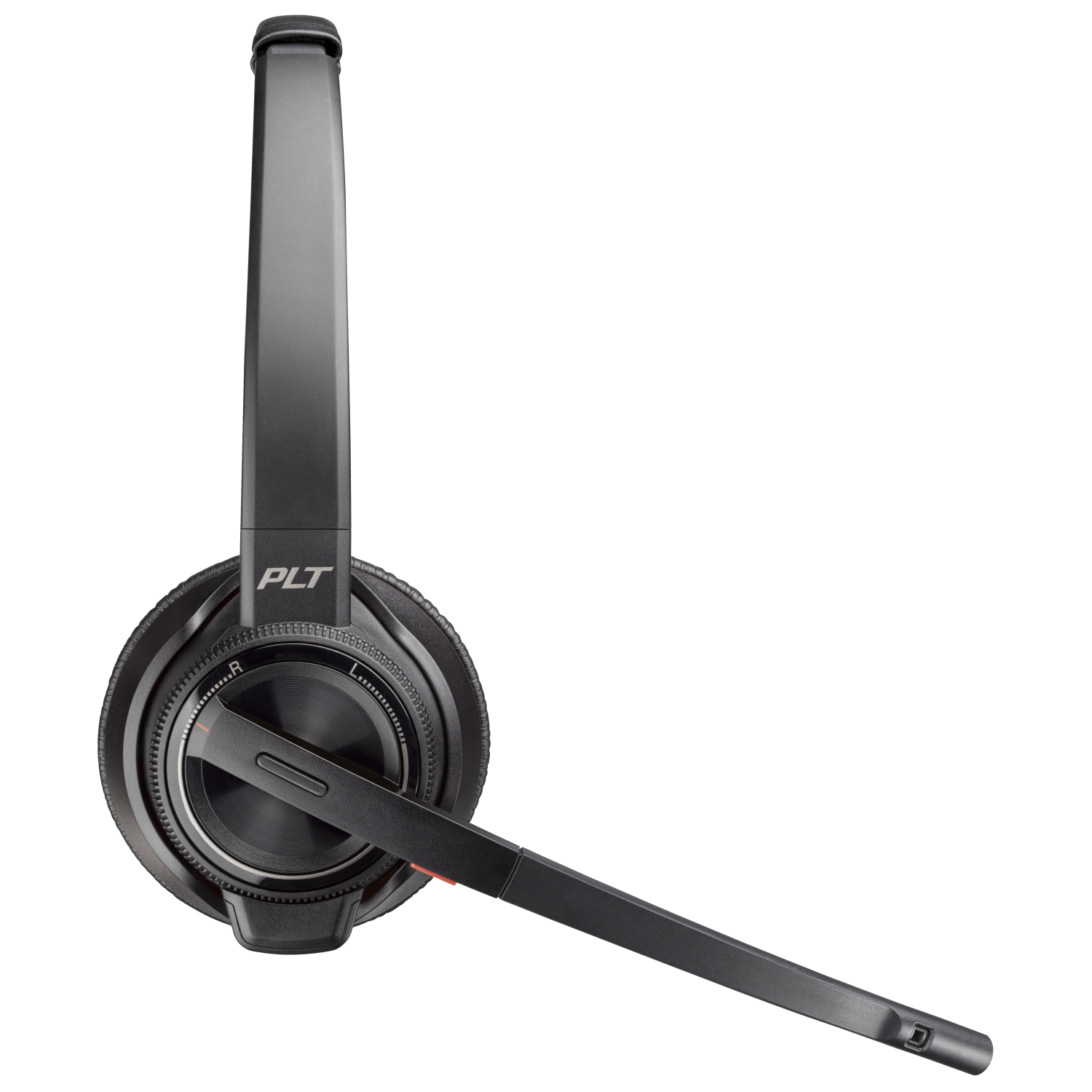 Un auricolare nero con braccio microfono, su sfondo bianco.