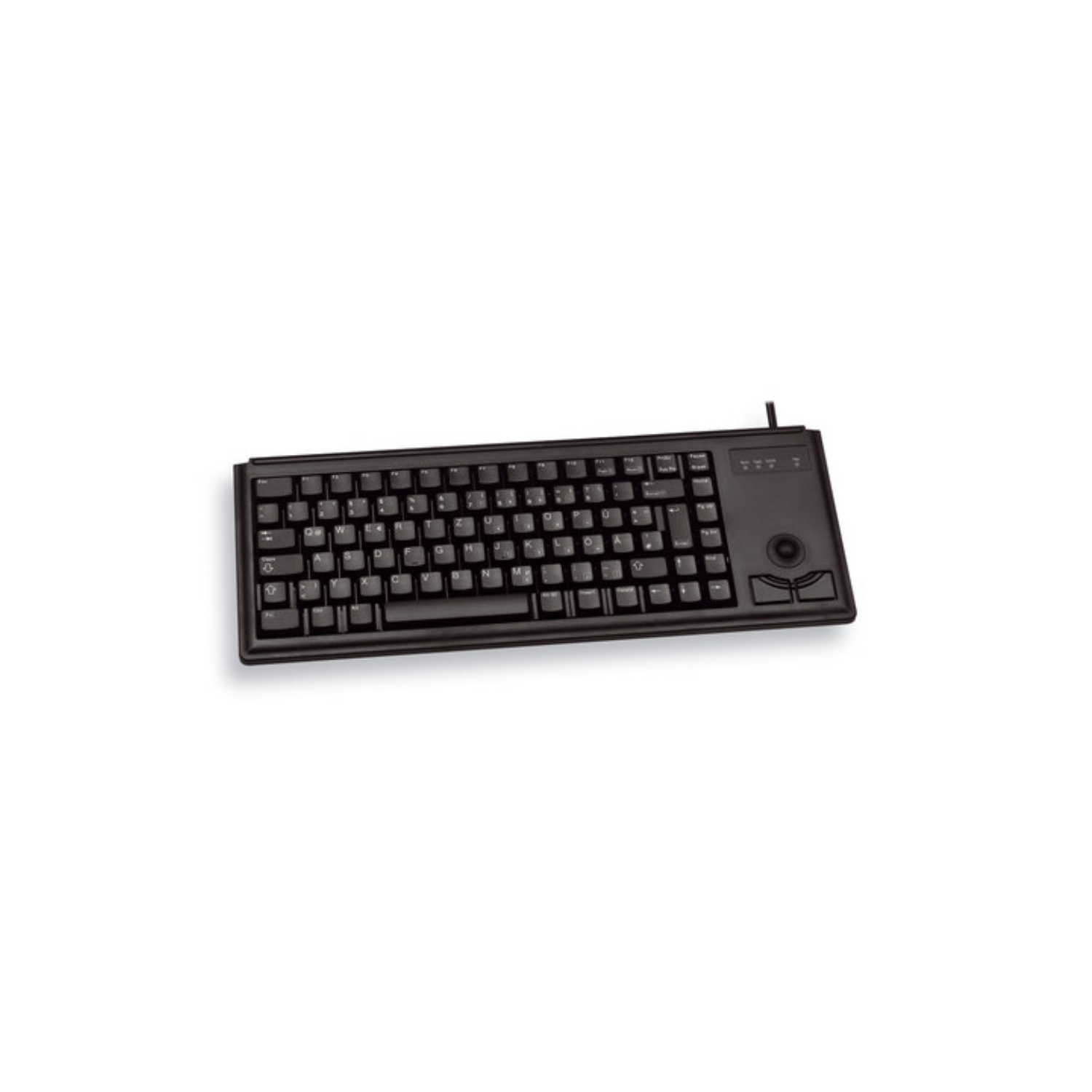 Una tastiera nera con trackball integrato e simbolo.