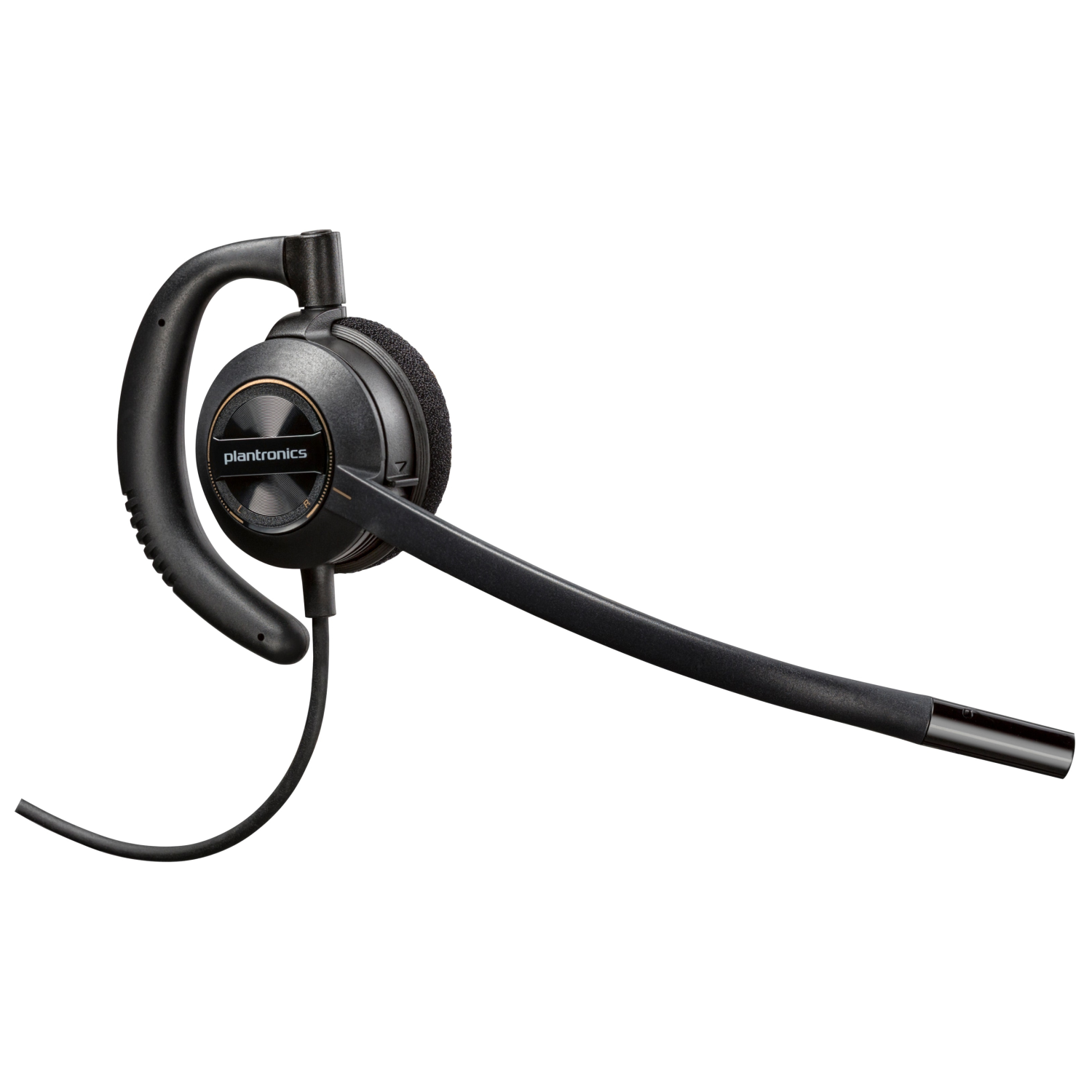 Black Plantronics headset with microphone boom, isolated on white.