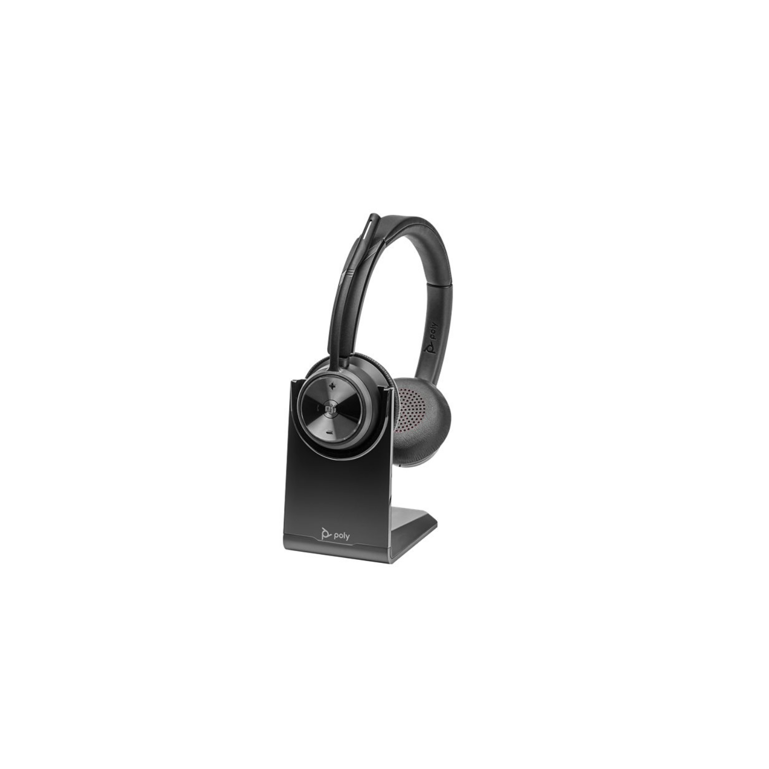 Cuffie wireless nere con microfono su una base di ricarica con logo Poly.
