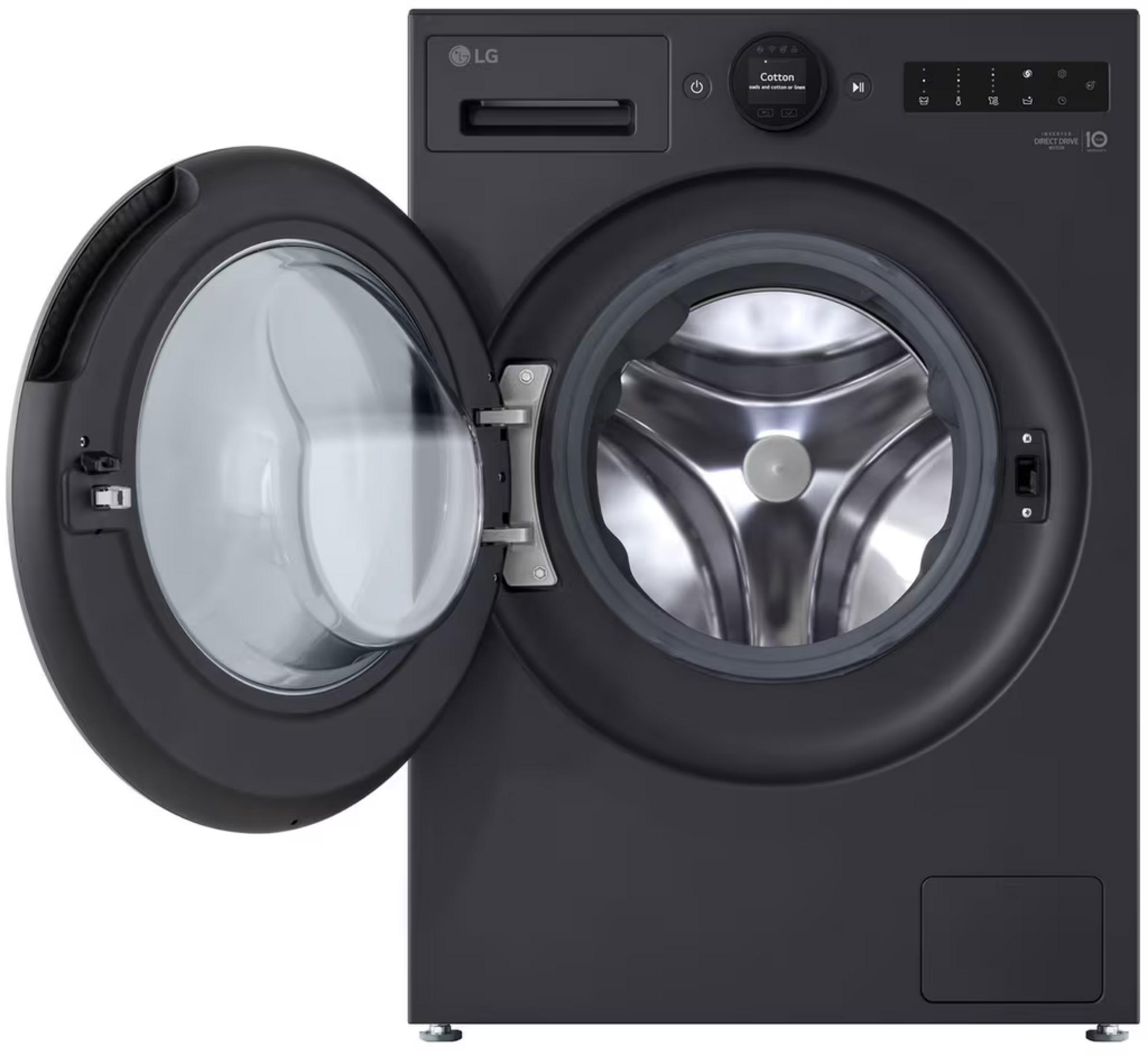 A dark LG washing machine with its door open, showing the drum.