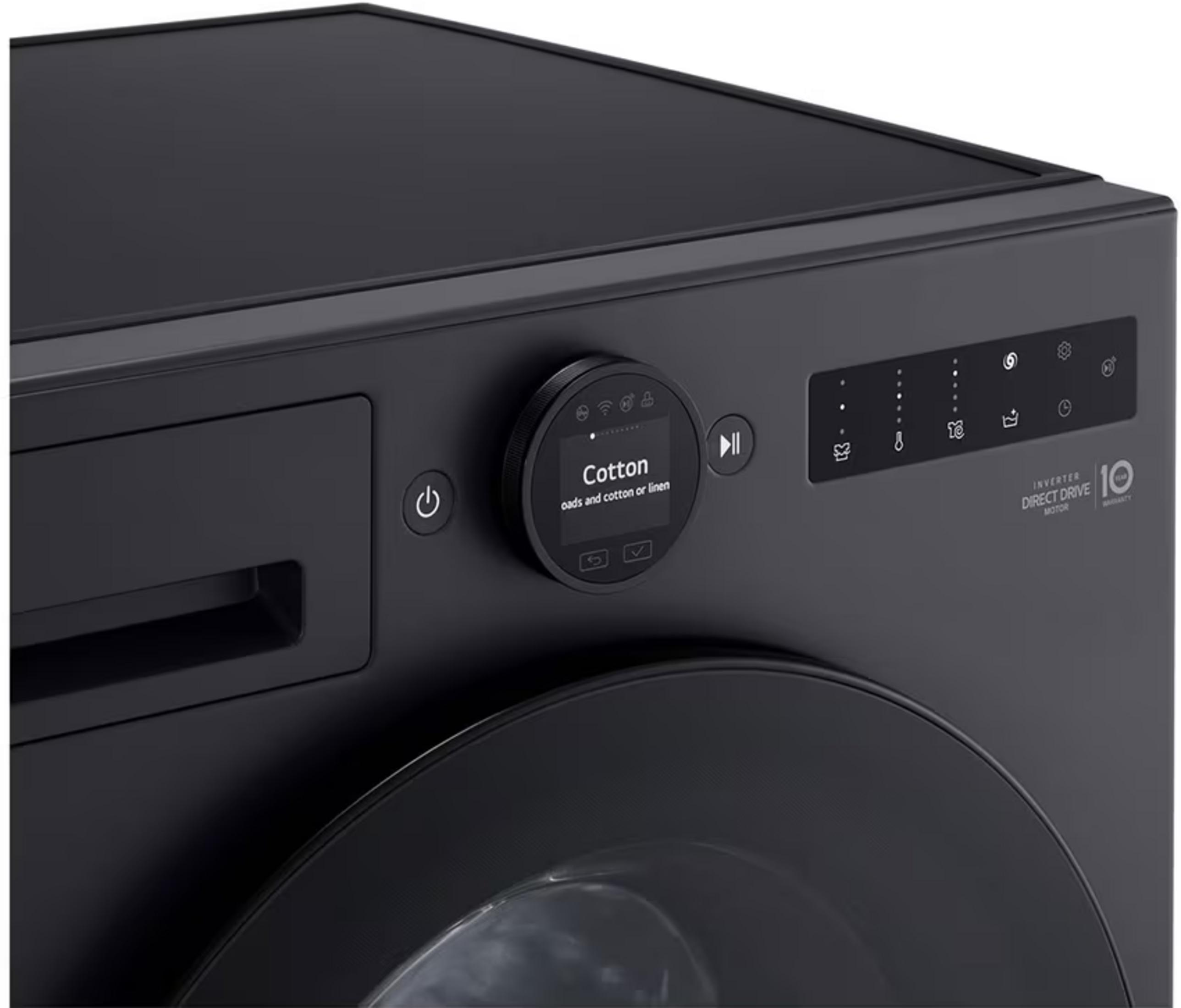 Dark gray washing machine with a round display showing "Cotton".