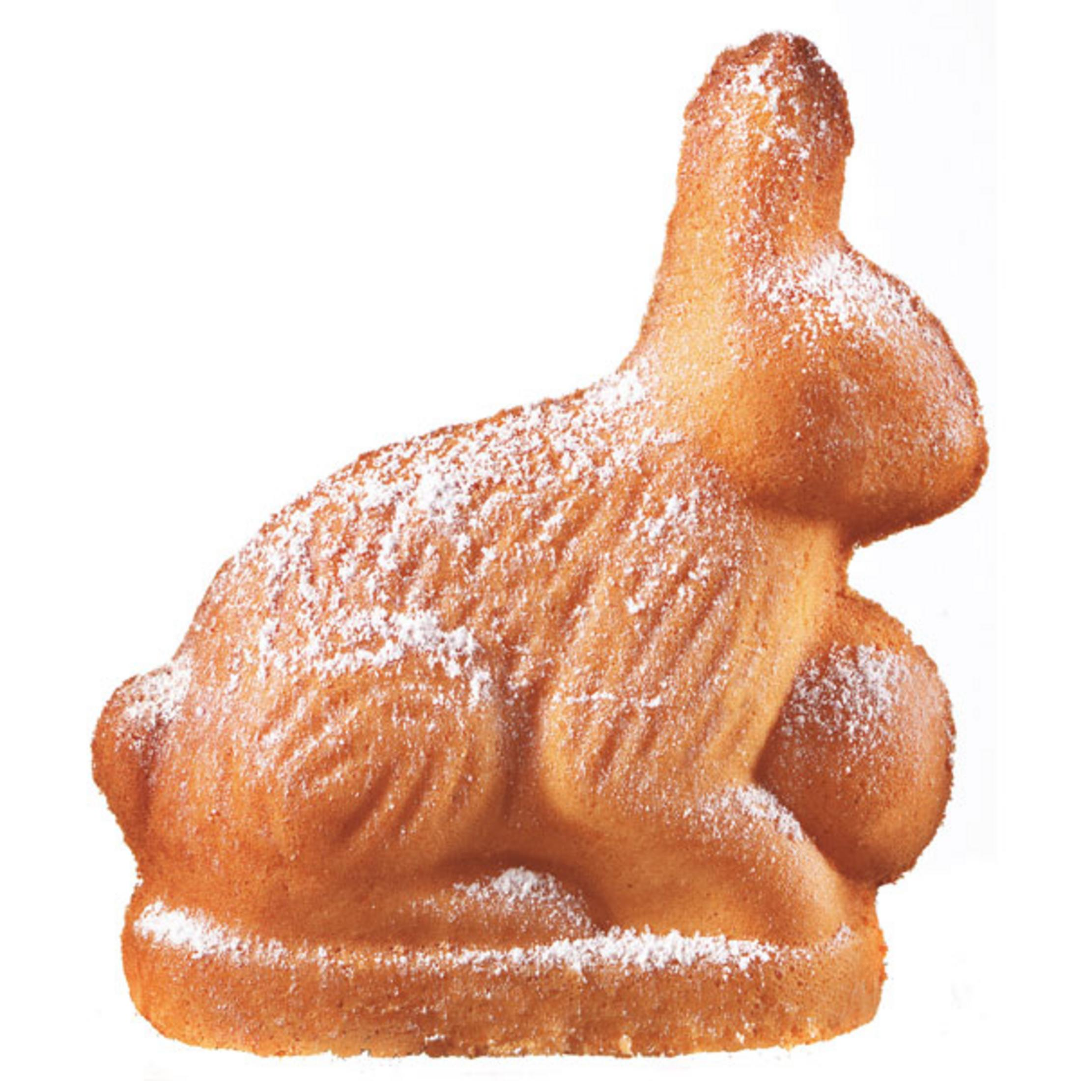 Ein goldbrauner Osterhase aus Kuchen, bestäubt mit Puderzucker.