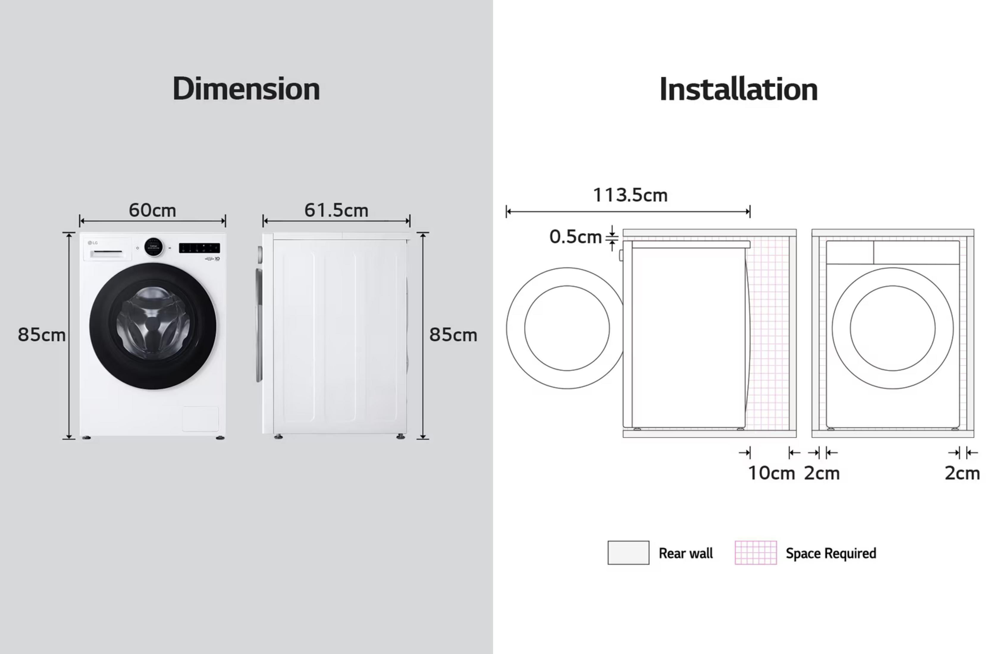 Maße und Installation einer Waschmaschine: Breite 60cm, Tiefe 61,5cm, Höhe 85cm.