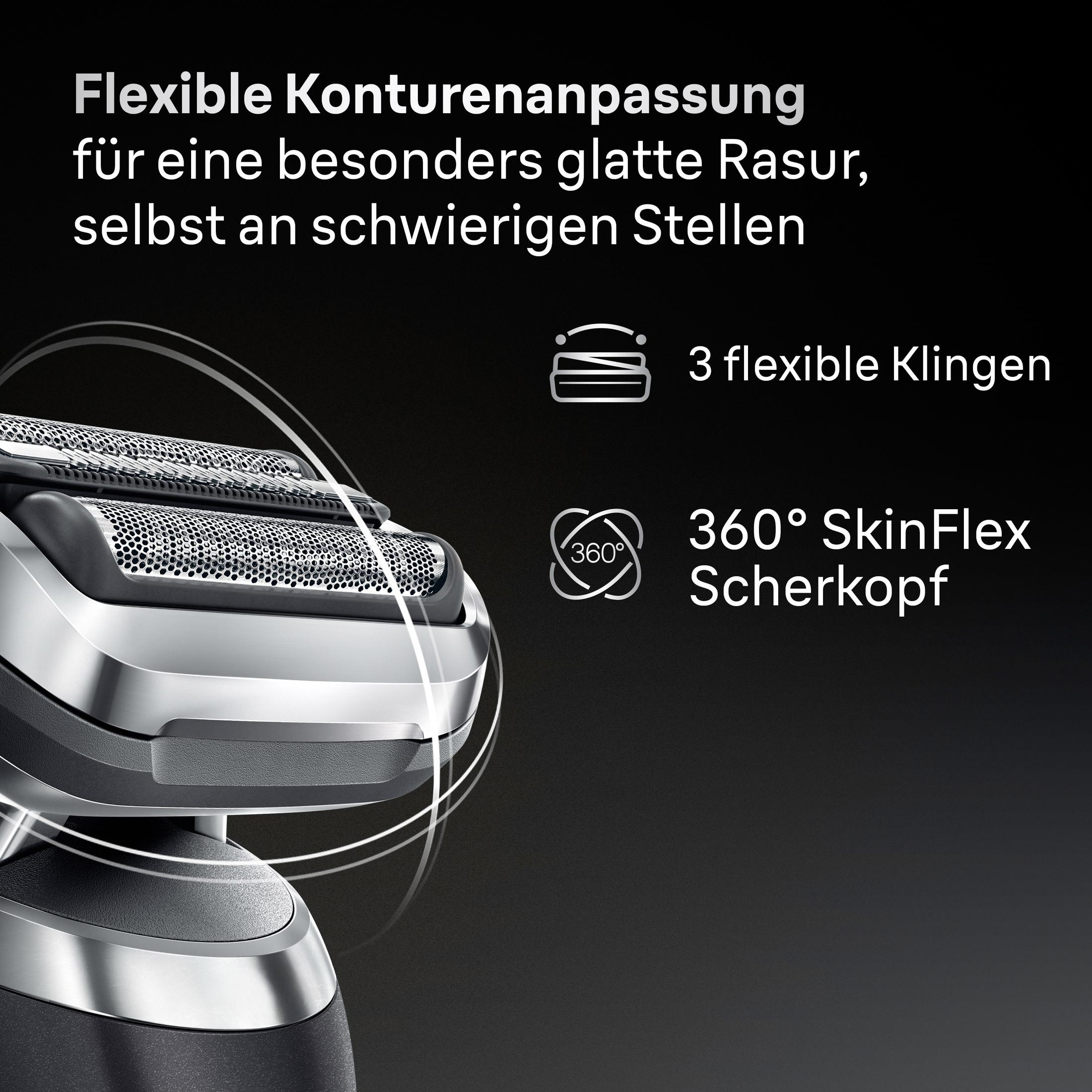 Rasoir électrique avec 3 lames flexibles et tête SkinFlex 360°.