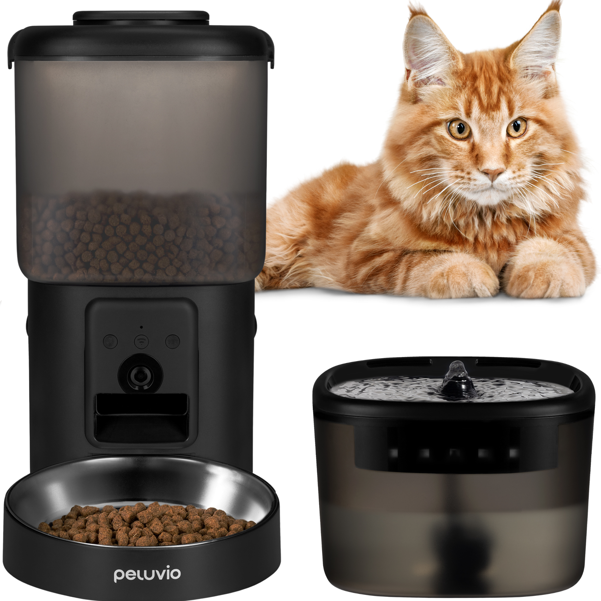 Ein orangefarbener Maine-Coon-Kater liegt neben einem schwarzen Futterautomaten und einem Trinkbrunnen.