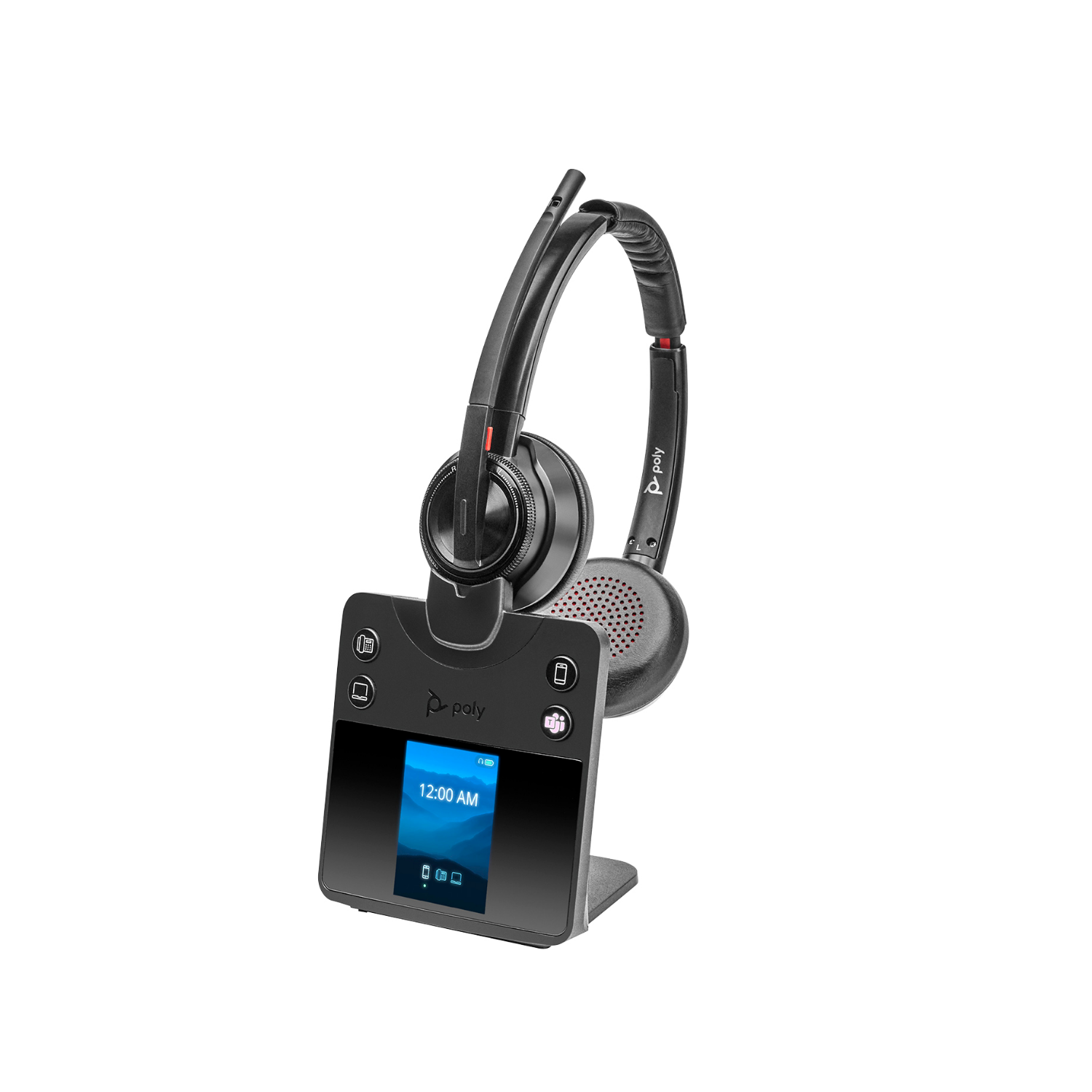 Un auricolare Poly nero con microfono e base di ricarica touchscreen.