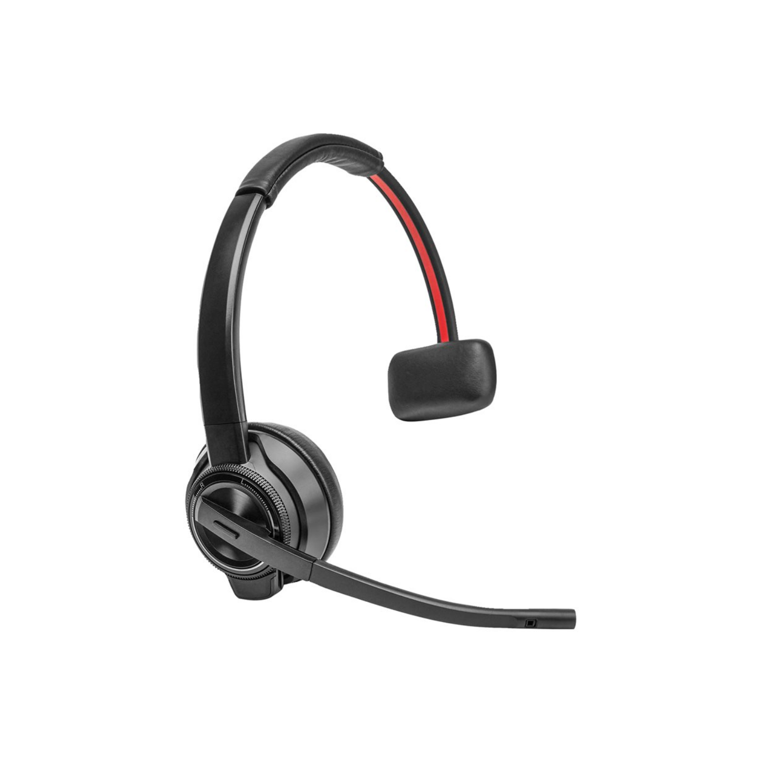 Cuffie wireless nere con microfono e accento rosso.