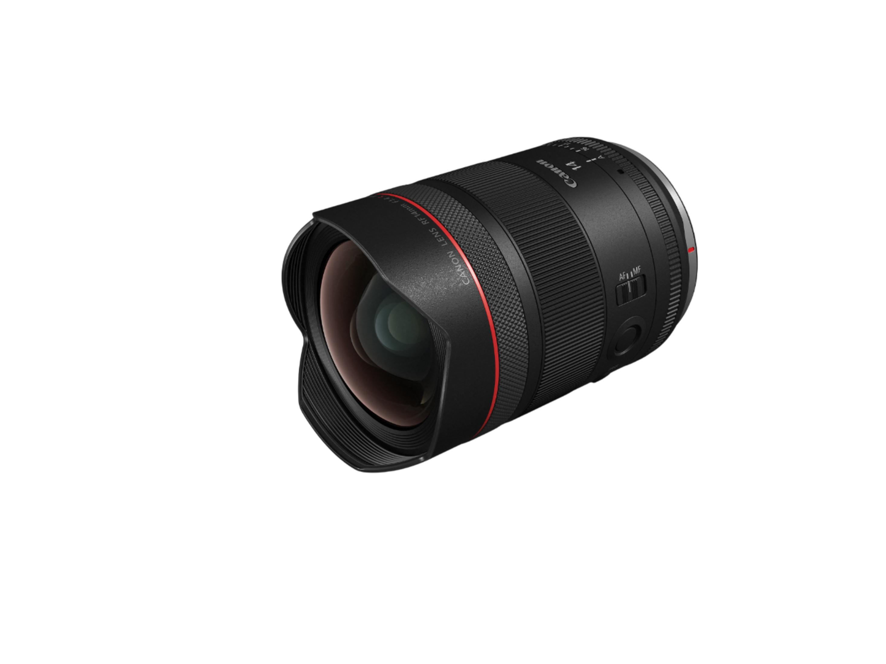 Canon RF 14mm F4 L IS USM lens met rode ring en lenskap.