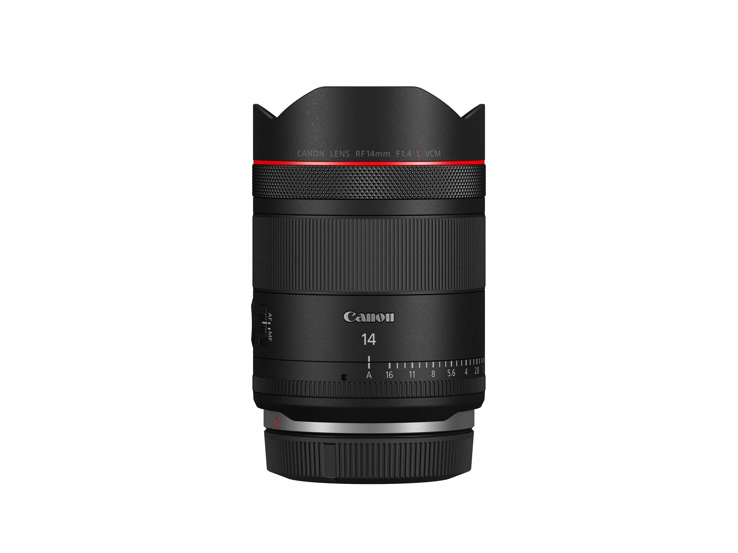 Canon RF 14mm F1.4 L VCM lens met scherpstelring en diafragmakenmerken.