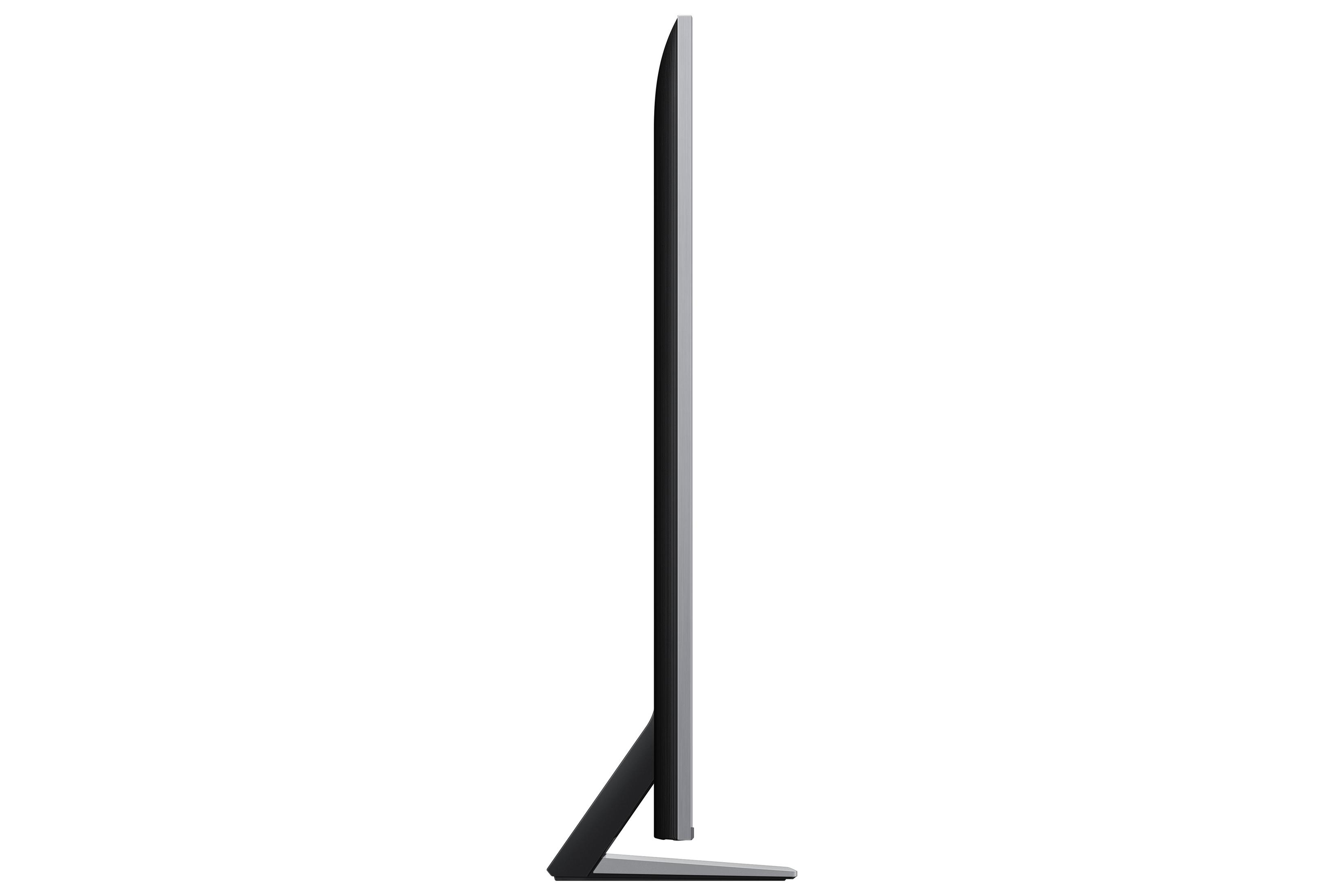 A gray television with a slim profile and an L-shaped stand.