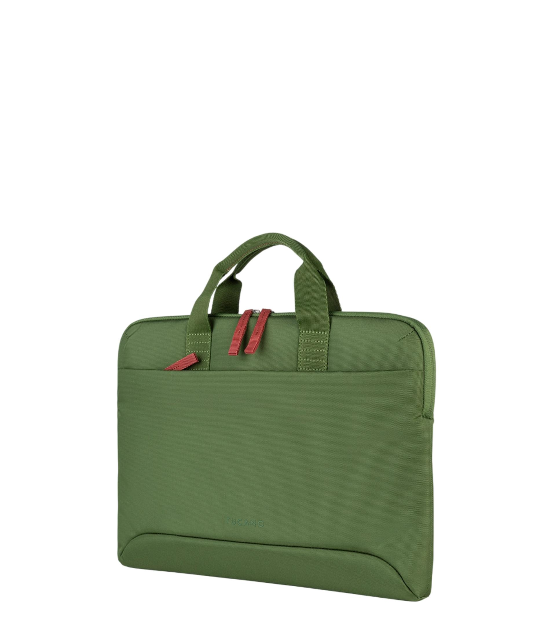 Eine olivgrüne Laptoptasche mit roten Reißverschlüssen und Henkeln.