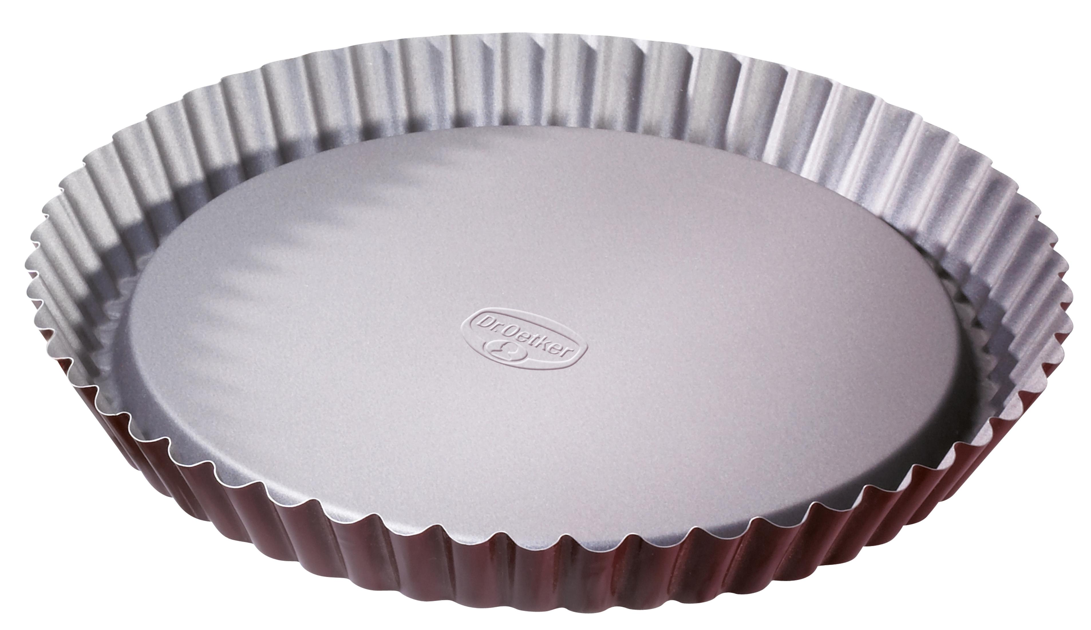Eine runde, geriffelte Tartform aus Metall mit dem Dr. Oetker Logo.