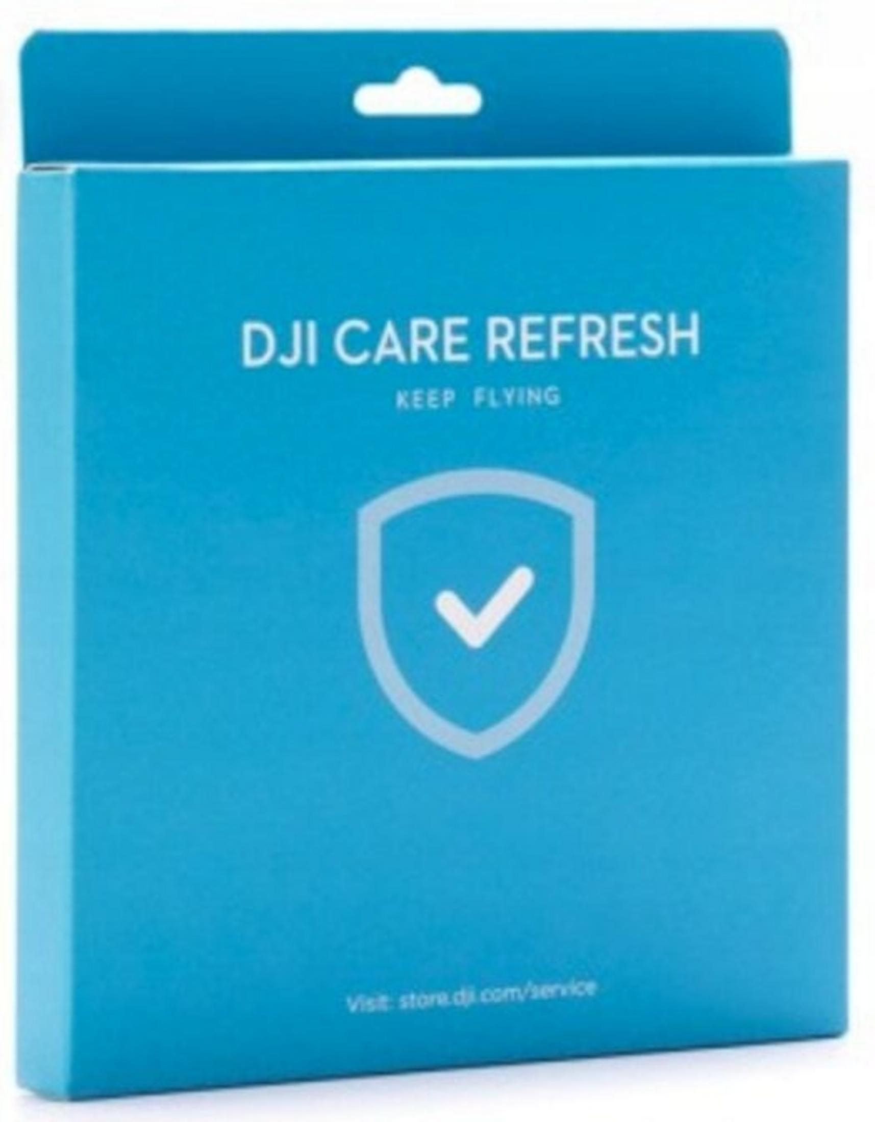 Scatola blu con logo DJI Care Refresh e sito web.