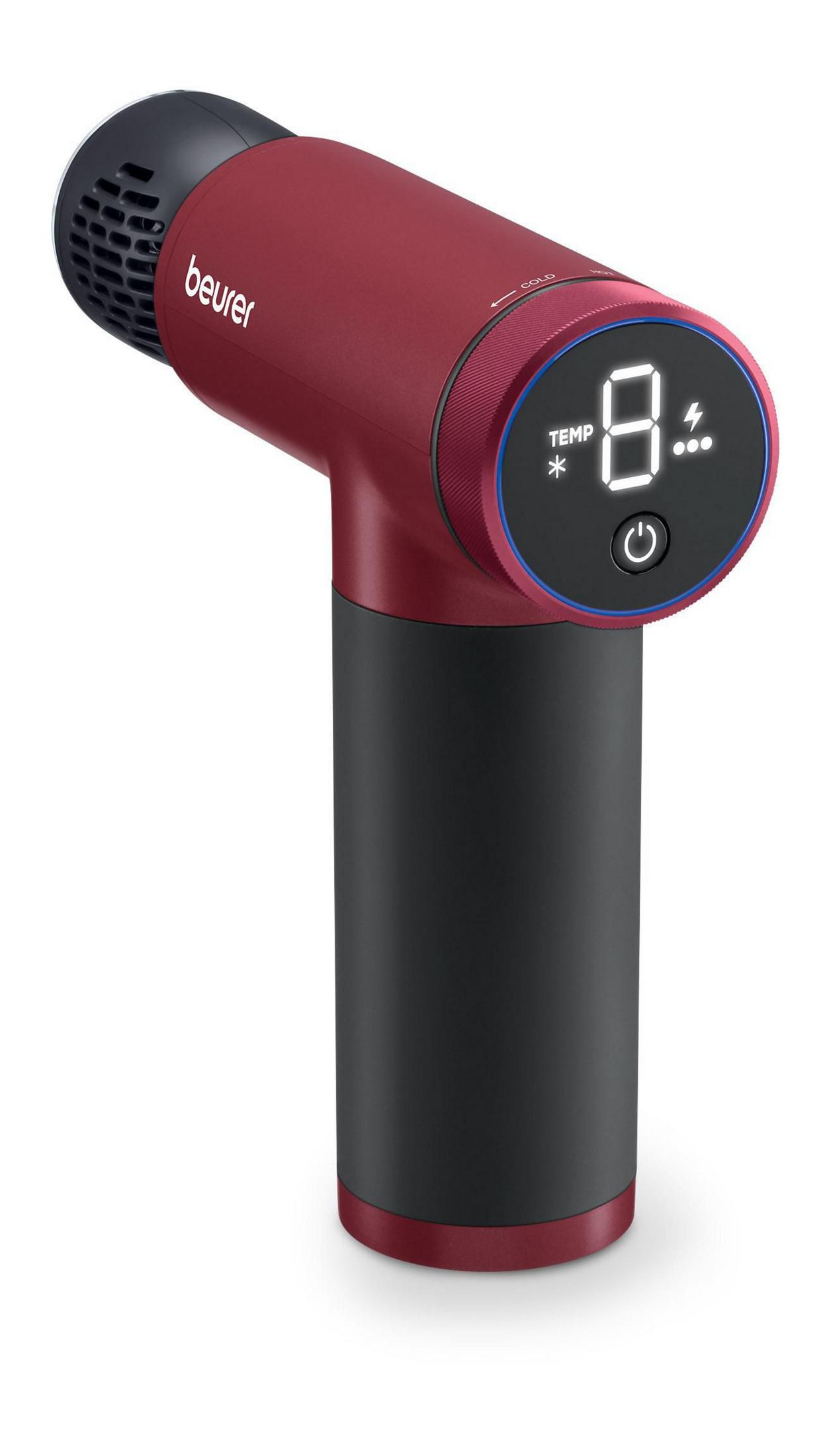 Pistola massaggiante rossa con manico nero e display digitale.