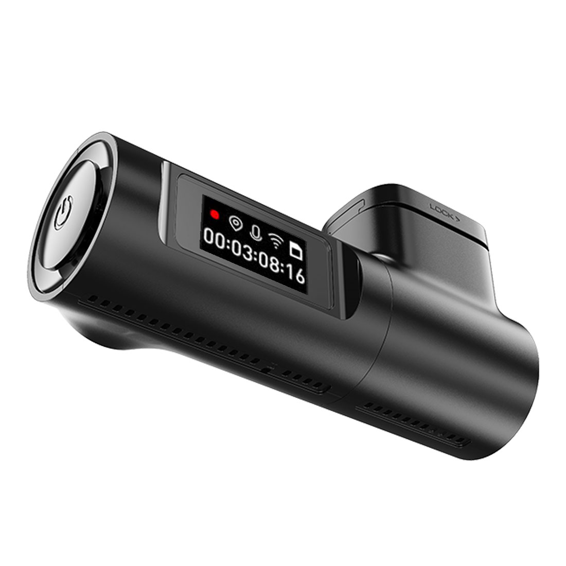 Een zwarte dashcam met een scherm dat tijd en pictogrammen weergeeft.