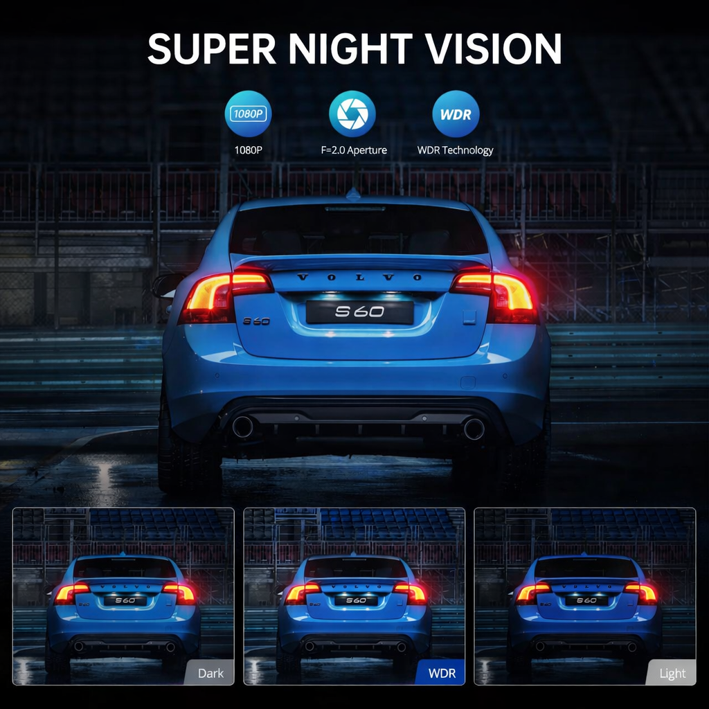 Blauwe Volvo S60 met SUPER NIGHT VISION logo, 1080P, F2.0 diafragma.