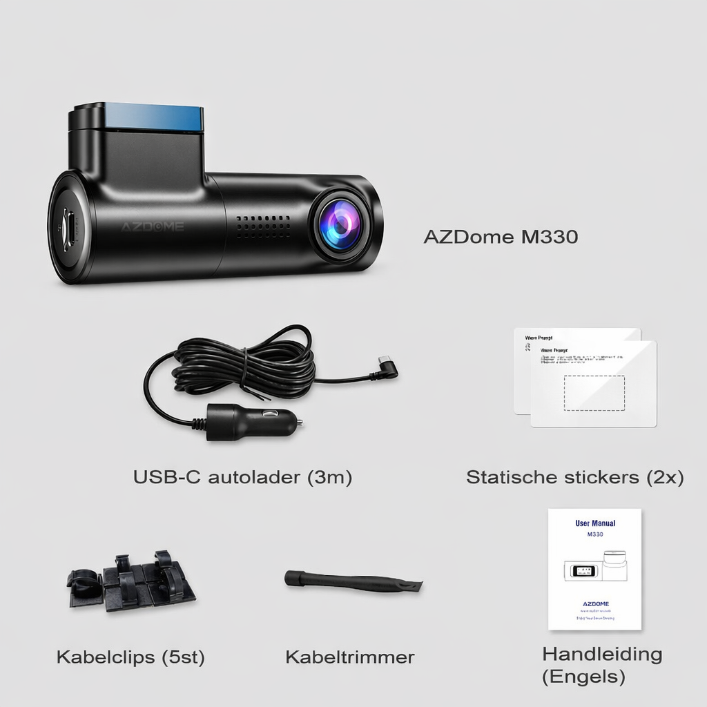 AZDome M330 dashcam met accessoires: oplader, clips, trimmer, stickers, handleiding.