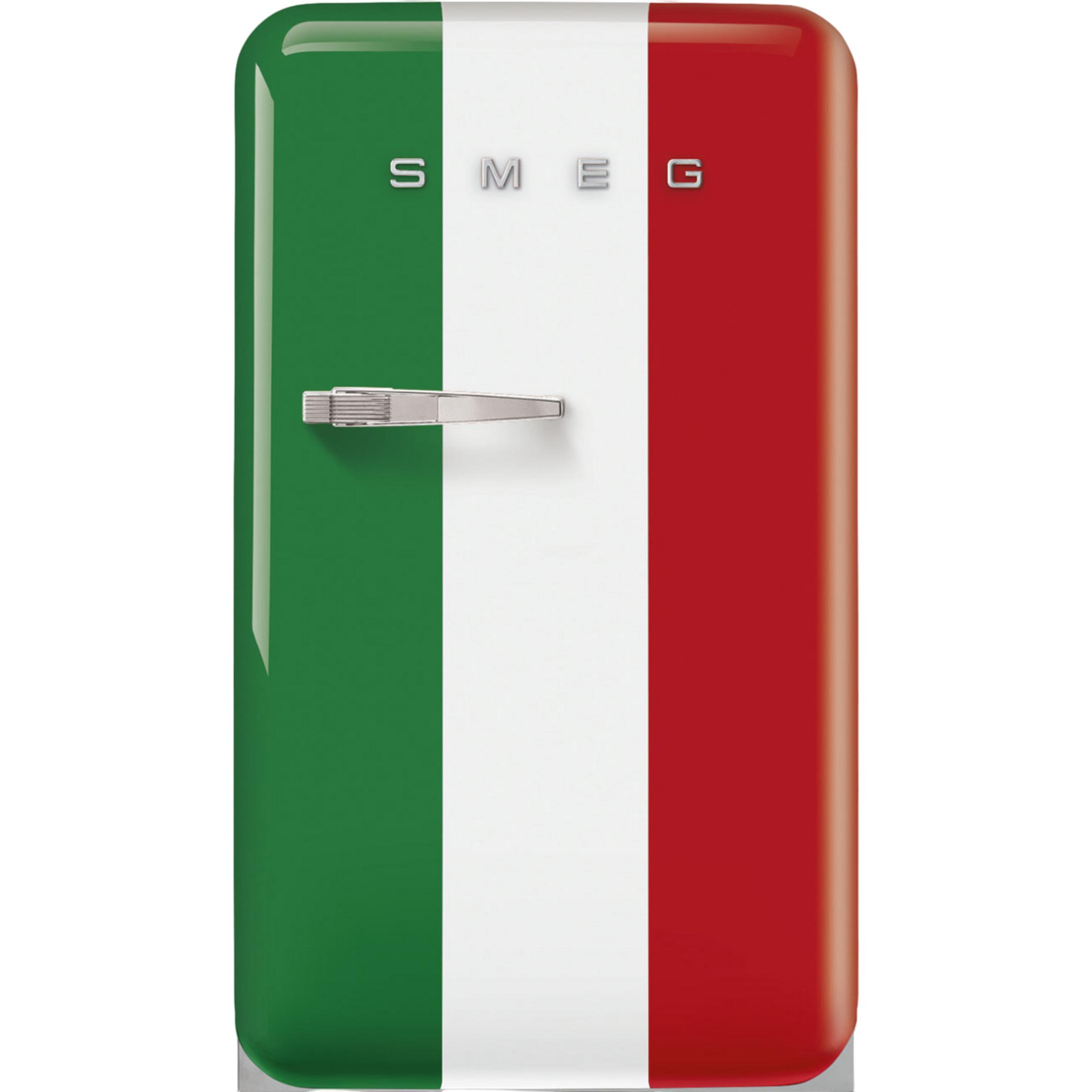 Ein Kühlschrank mit italienischer Flagge und silbernem Griff.