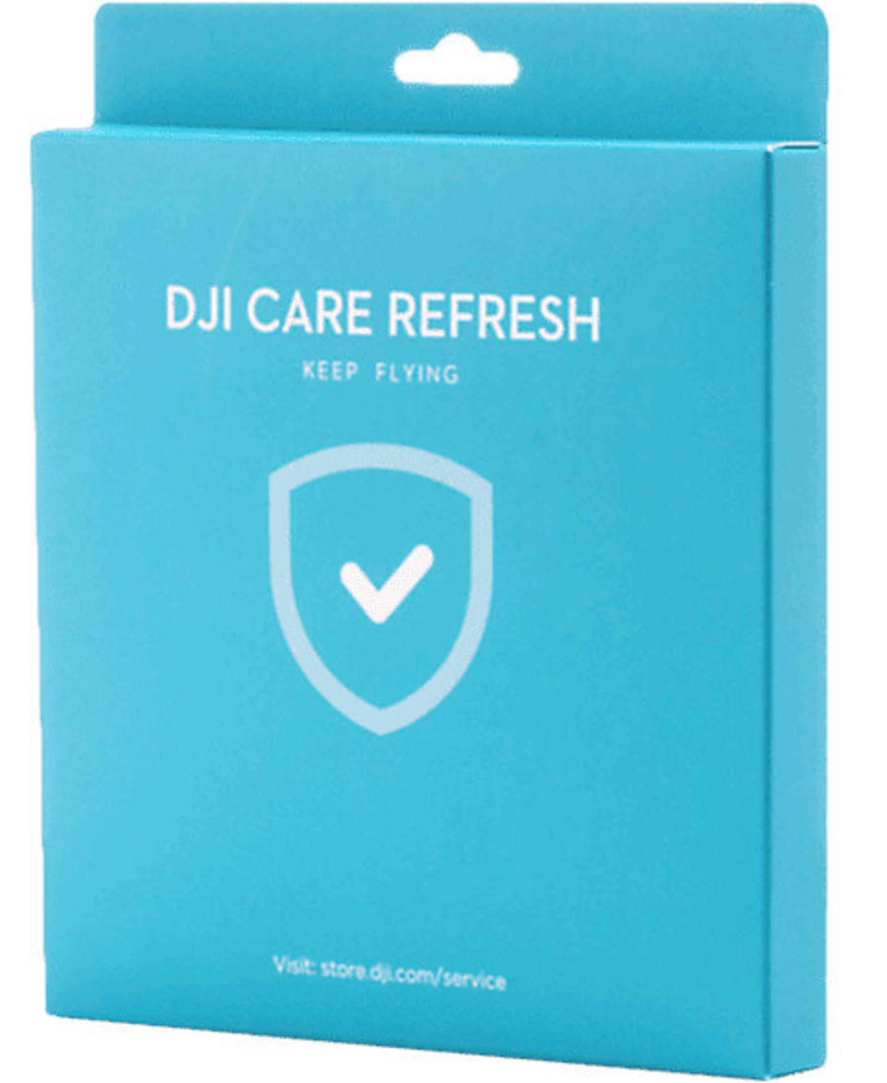 Scatola blu con logo DJI Care Refresh e URL del sito web.