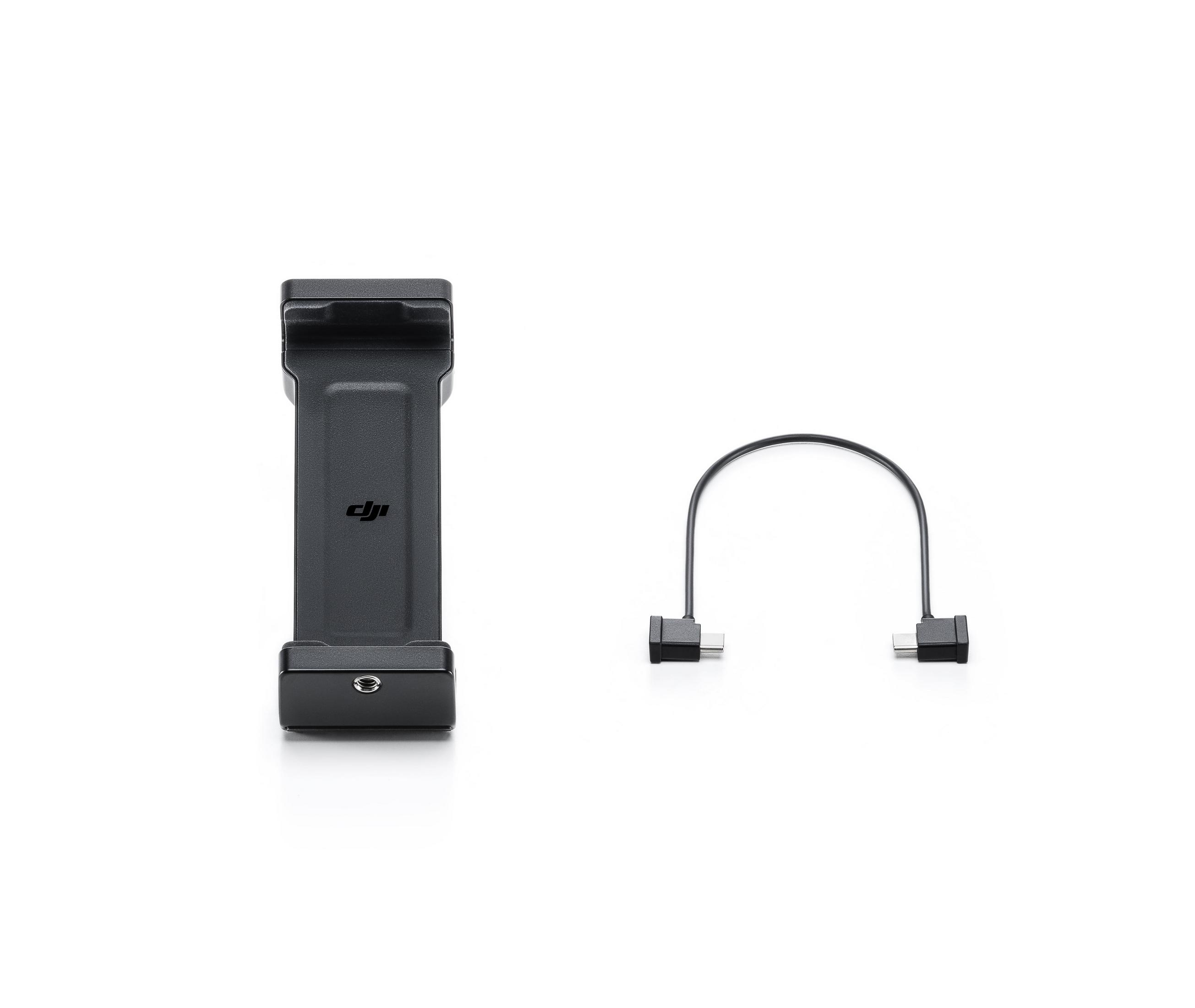 Schwarzer DJI Handyhalter und ein gebogenes USB-Kabel mit zwei Anschlüssen.