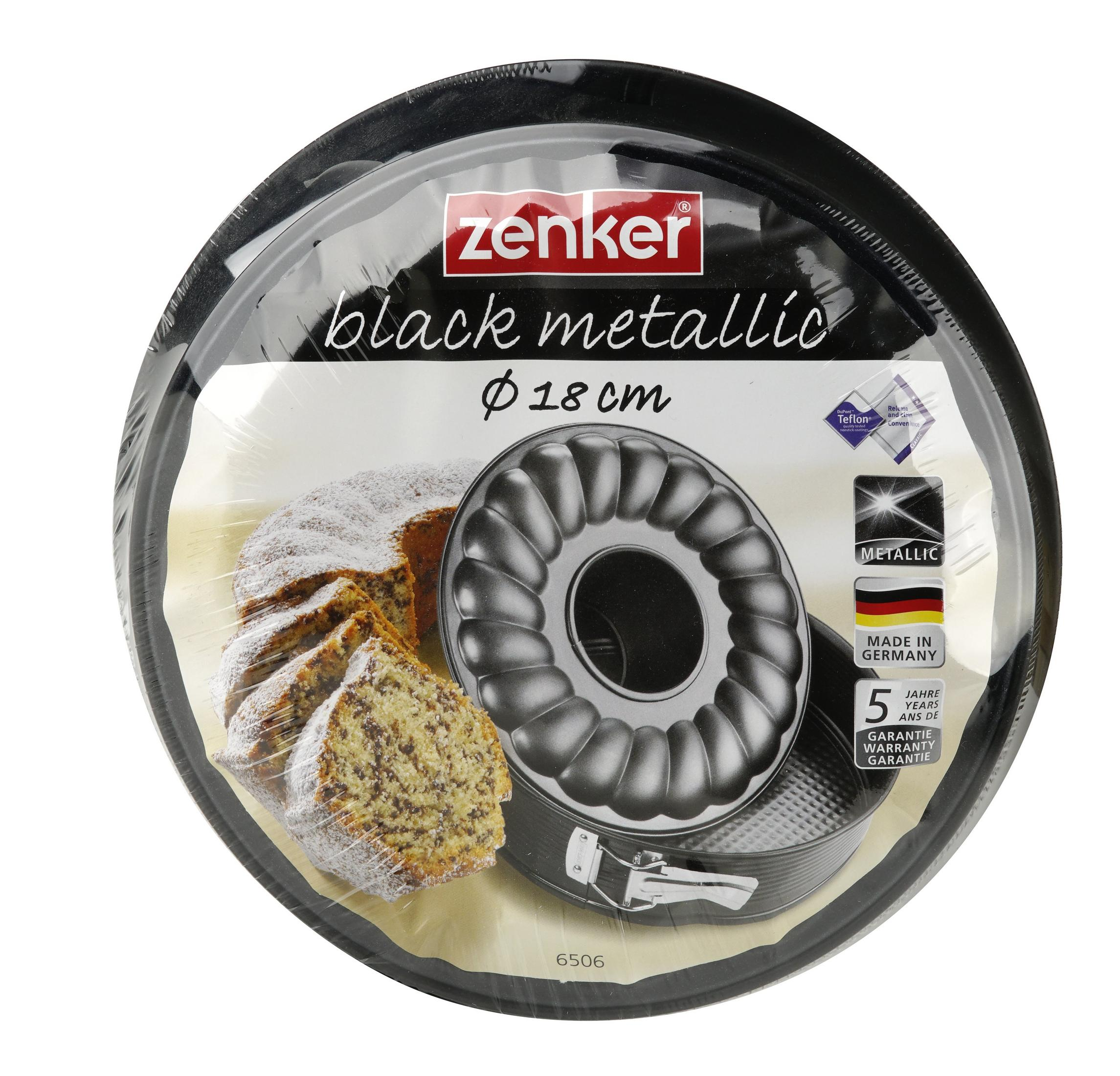 Zenker Gugelhupfform, 18cm, schwarz-metallic, mit Kuchenabbildung.