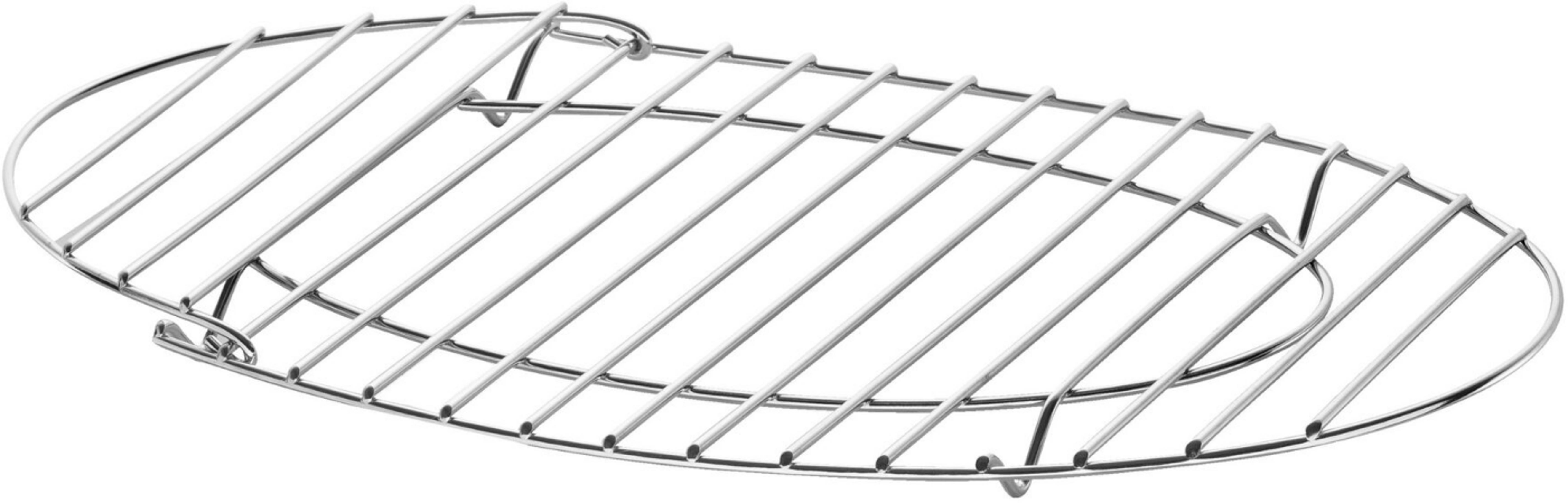 Eine metallene Grillrost-Erweiterung mit parallelen Stäben und geschwungenen Rändern.