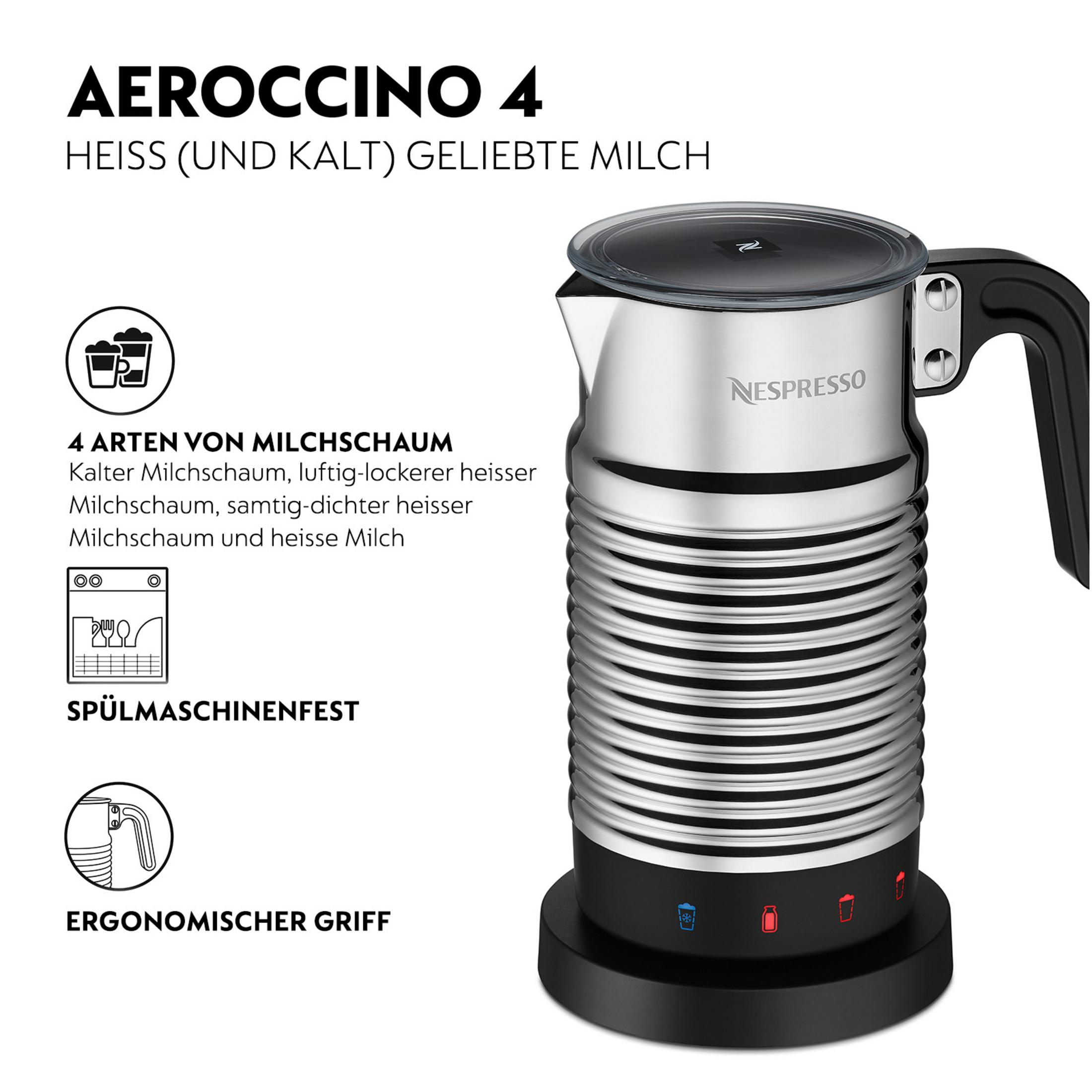 Nespresso Aeroccino 4 Milchaufschäumer mit schwarzem Griff und silbernem Gehäuse.